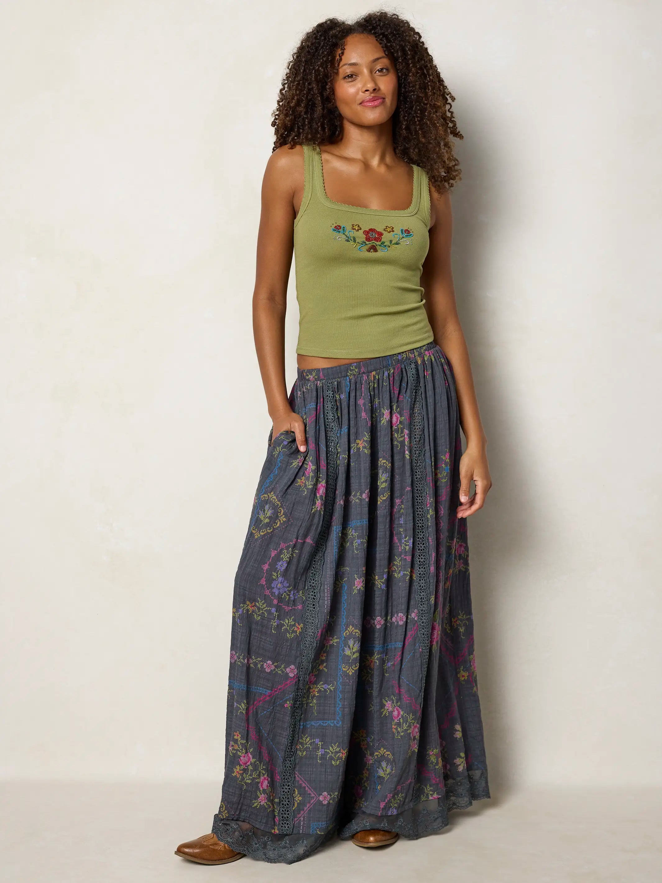 Adeline Wide-Leg Pants - Heirloom Cross Stitch Charcoal