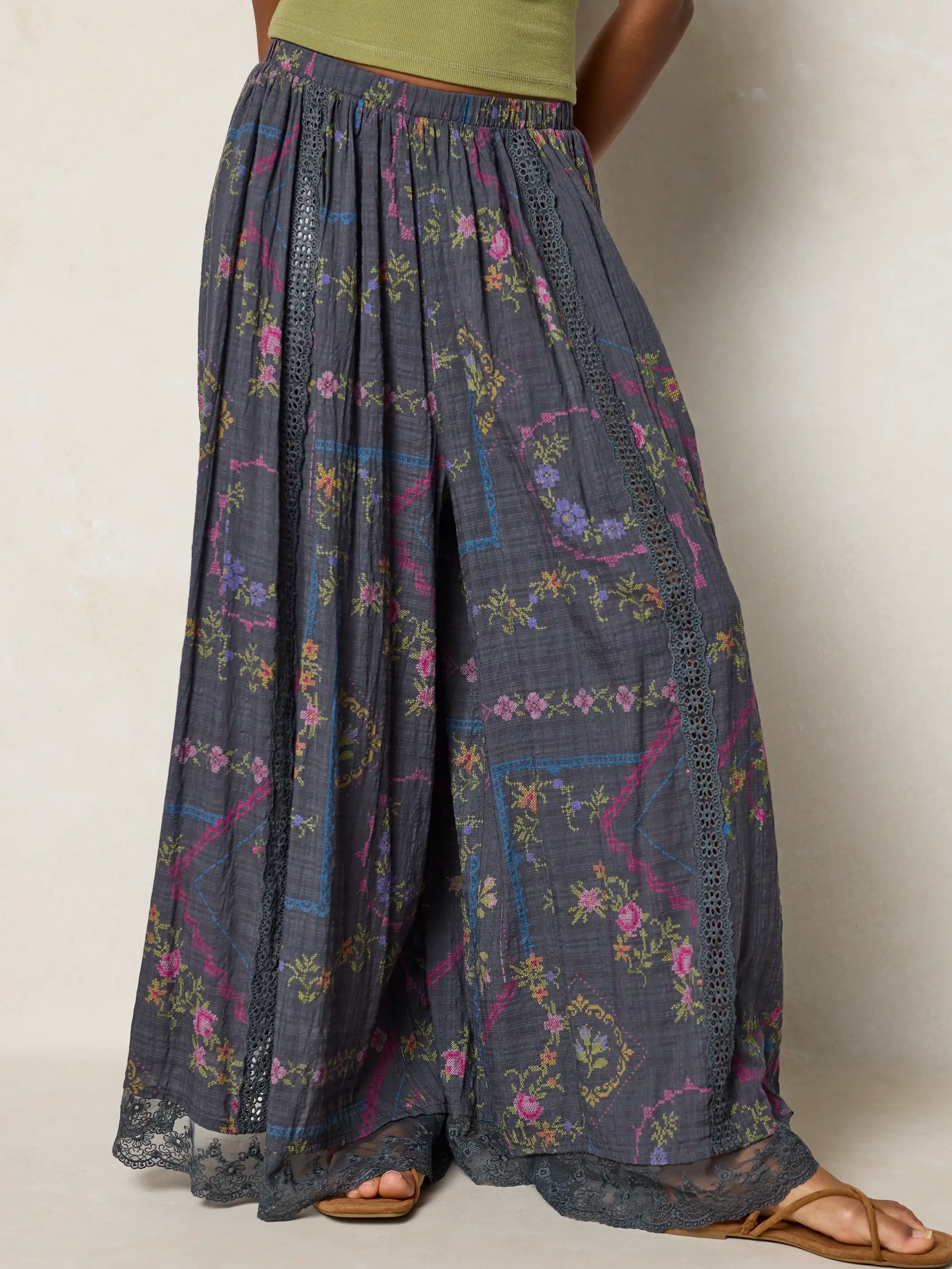 Adeline Wide-Leg Pants - Heirloom Cross Stitch Charcoal