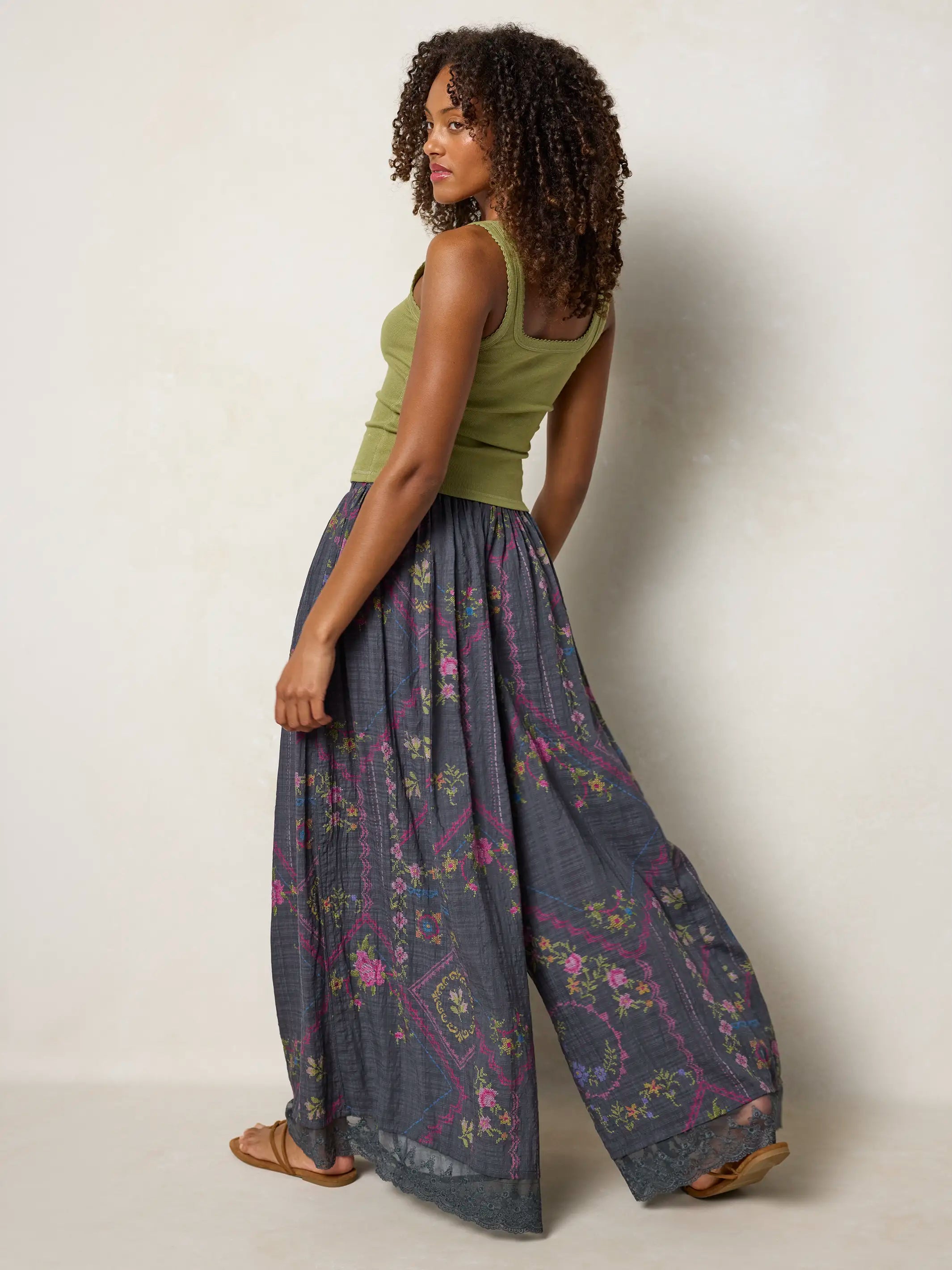 Adeline Wide-Leg Pants - Heirloom Cross Stitch Charcoal