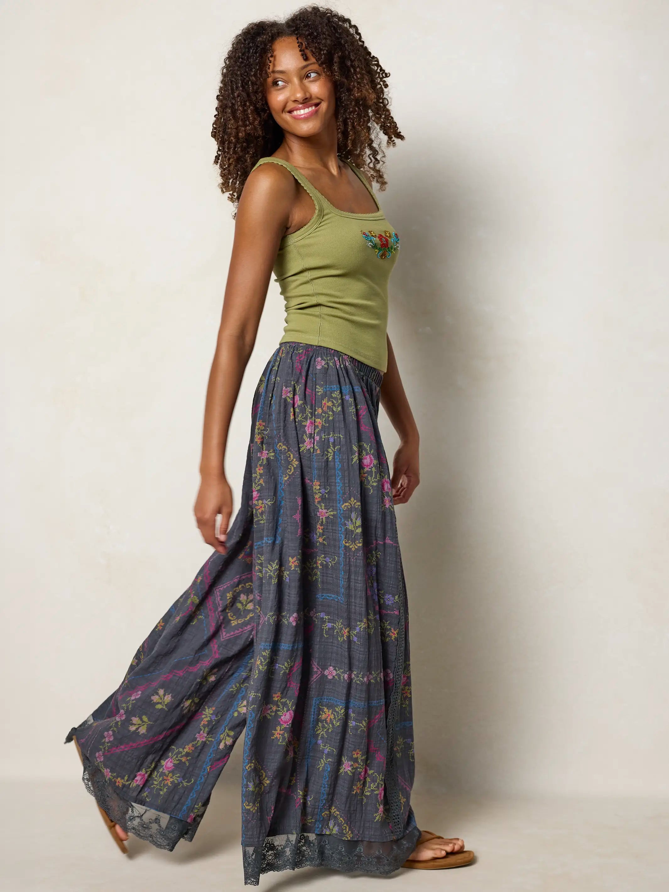 Adeline Wide-Leg Pants - Heirloom Cross Stitch Charcoal