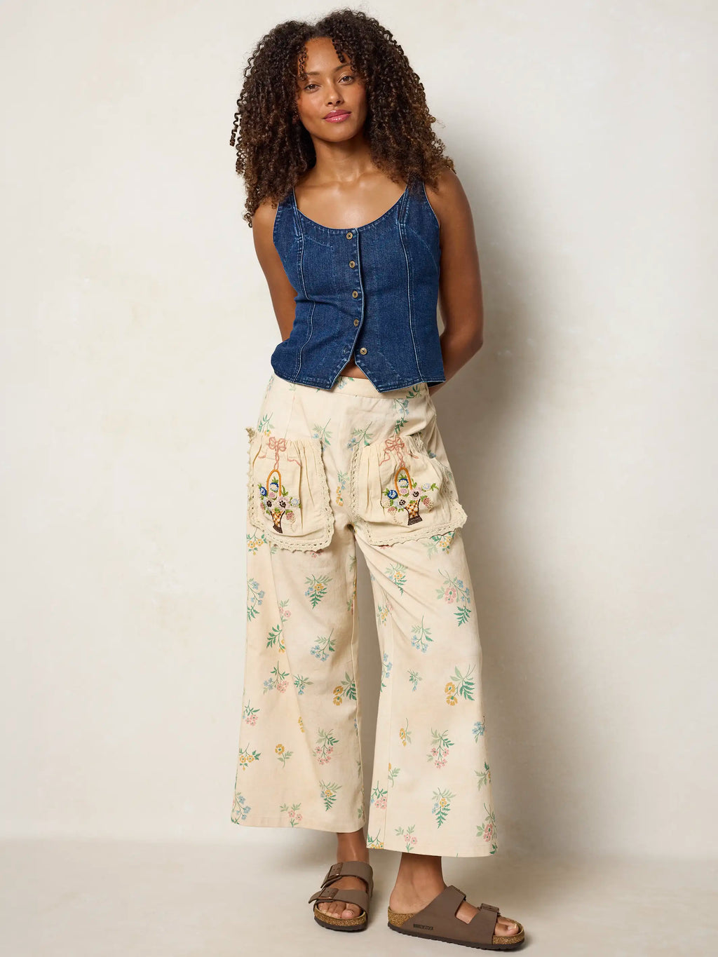 Brimfield Embroidered Cotton Pants - Cream Posies