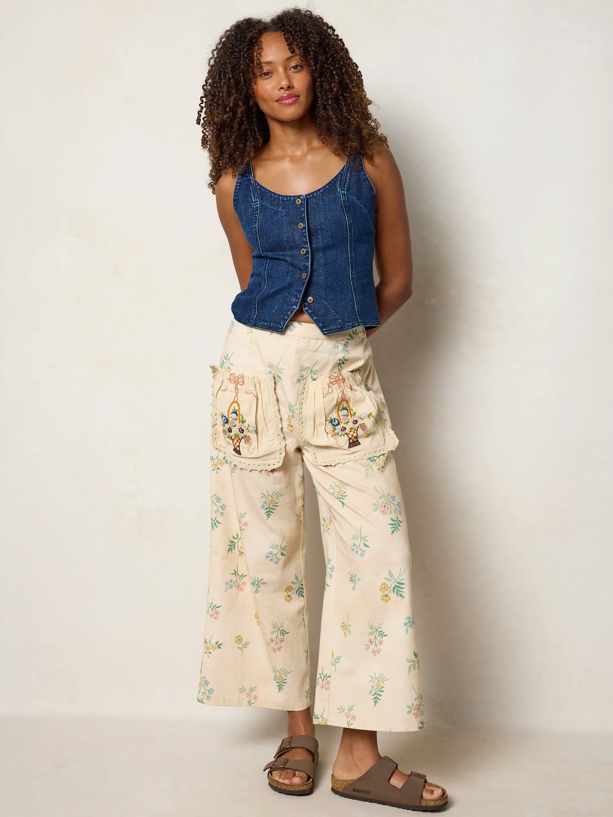 Brimfield Embroidered Cotton Pants - Cream Posies