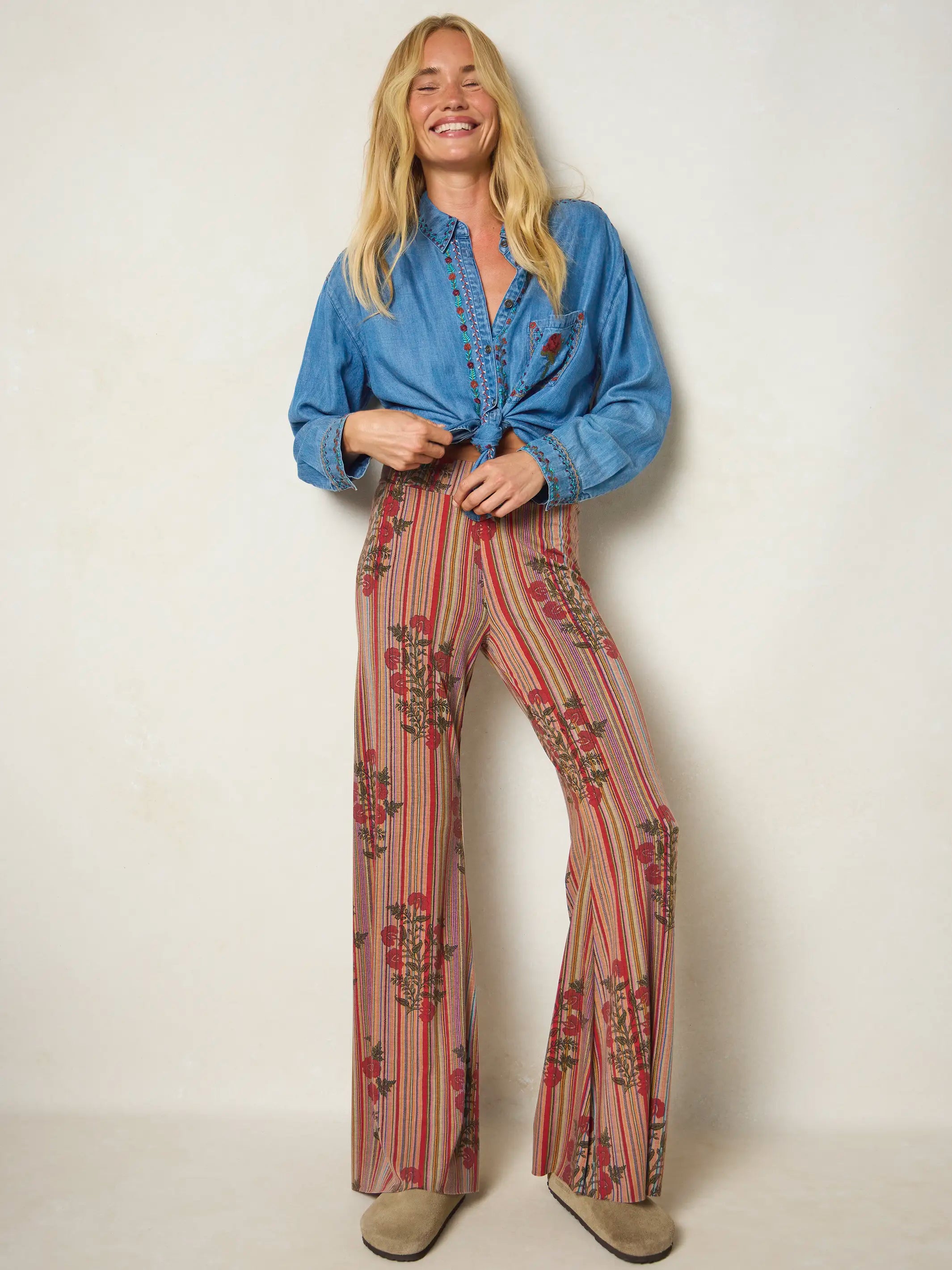 Cali Knit Flare Pants - Batik Garden Red