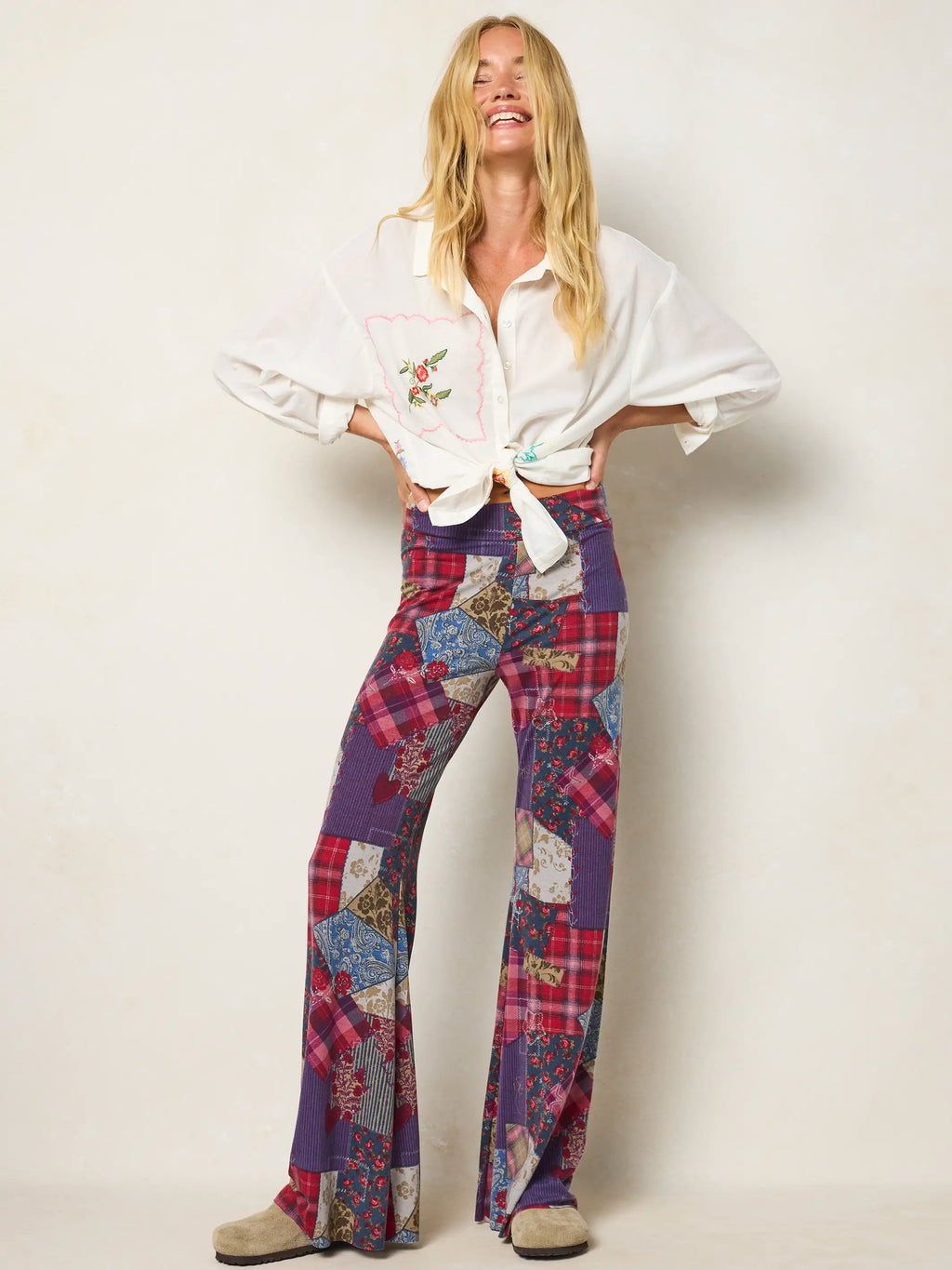 Cali Knit Flare Pants - Aspen Patchwork Burgundy