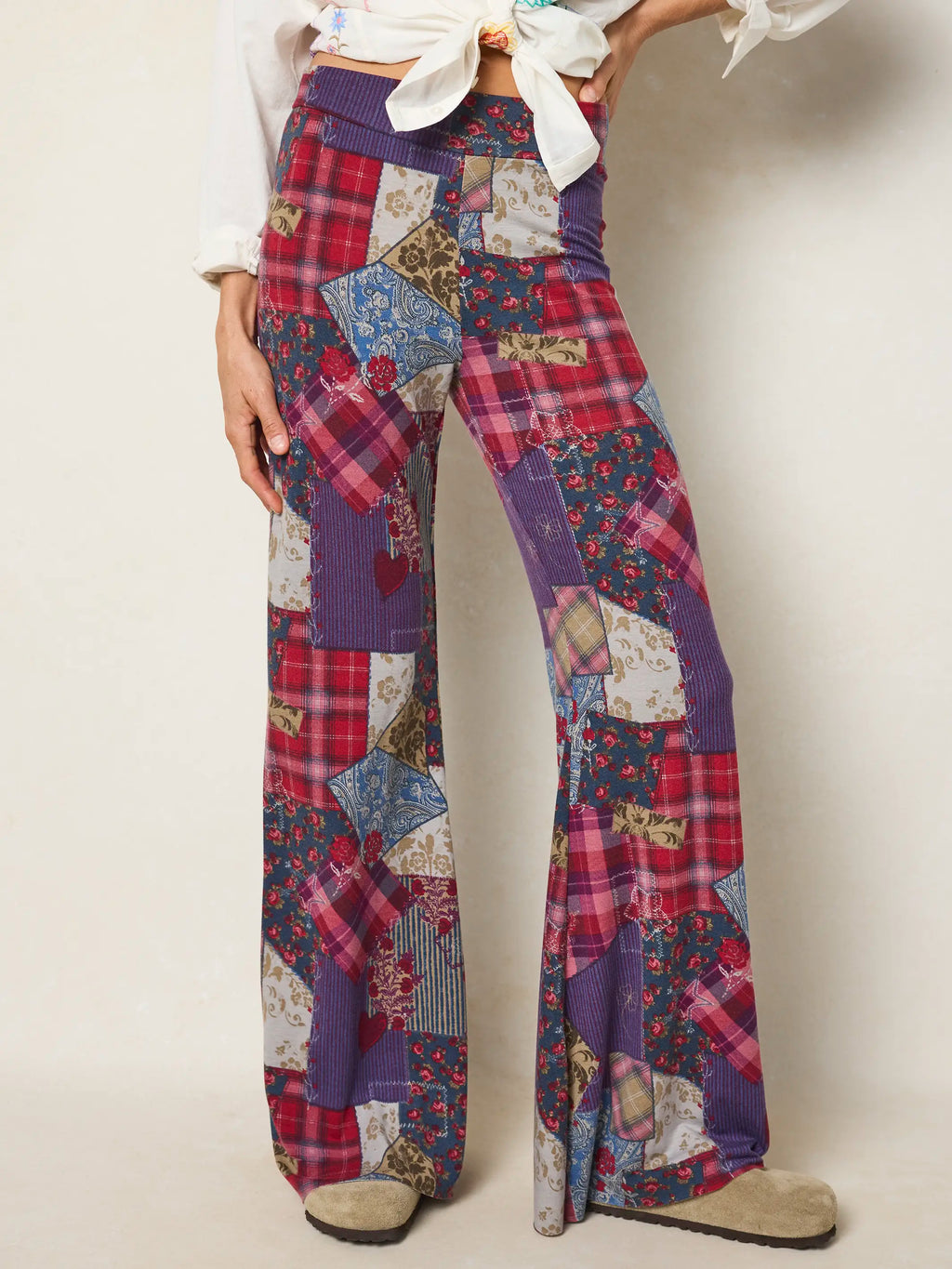Cali Knit Flare Pants - Aspen Patchwork Burgundy