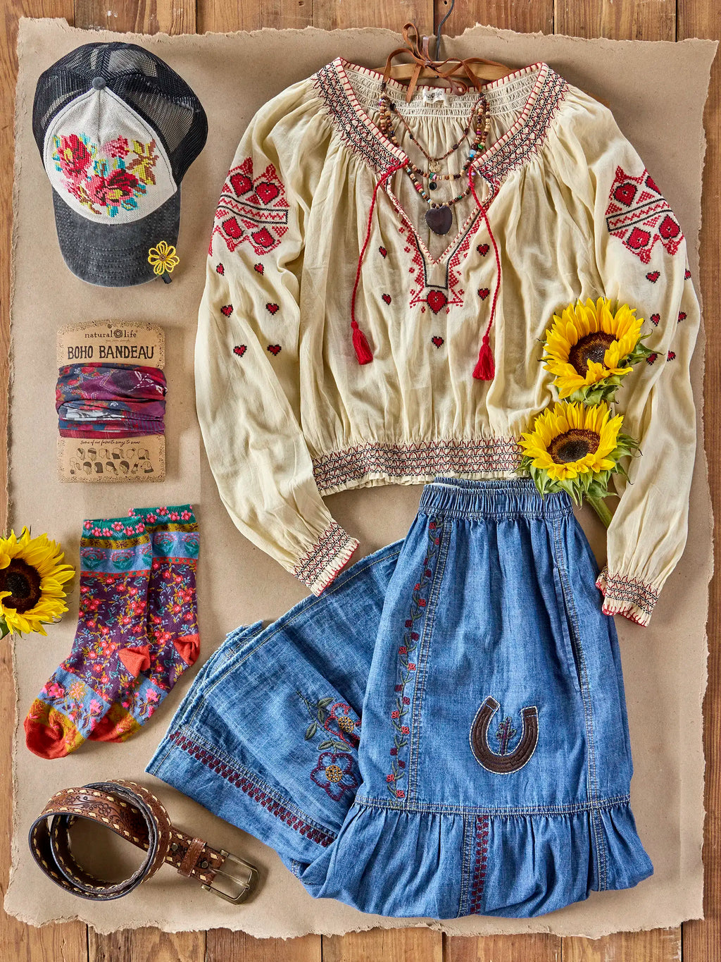 Embroidered Cotton Long Sleeve Peasant Top - Ivory