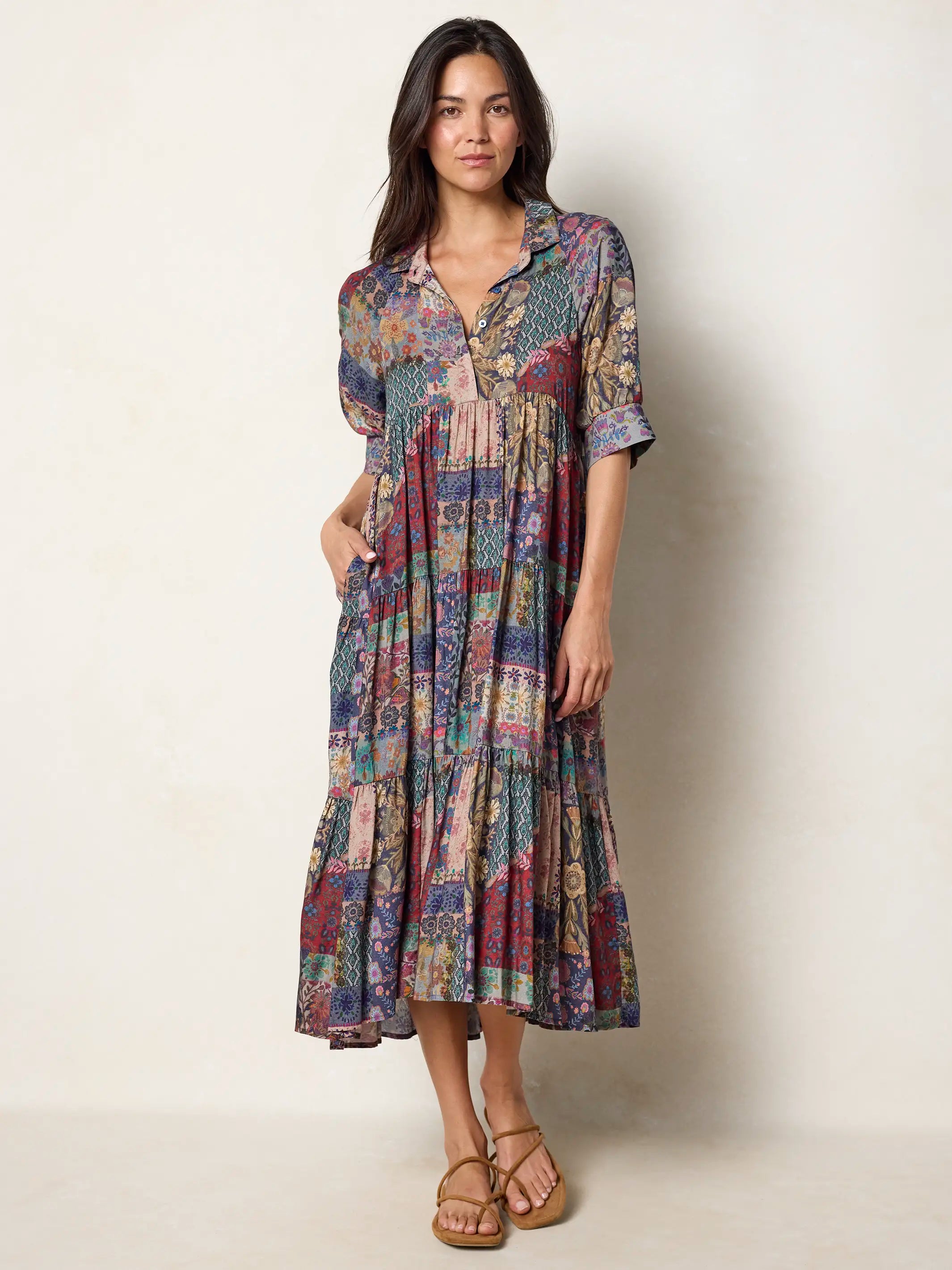 Rebecca Midi Dress - Blue Patchwork