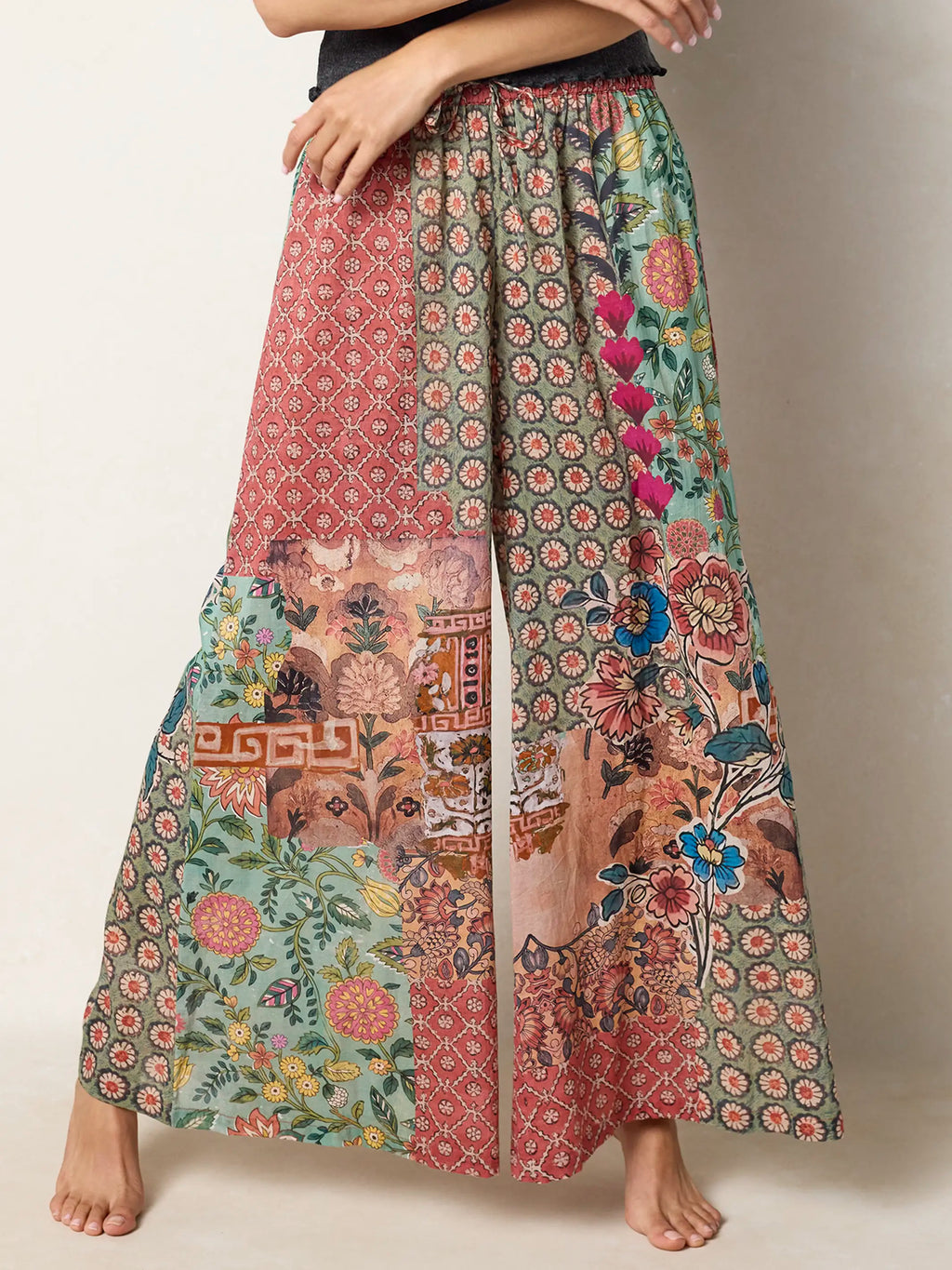 Go With The Flow Cotton Wide Leg Pants - Patchwork Medallion Floral