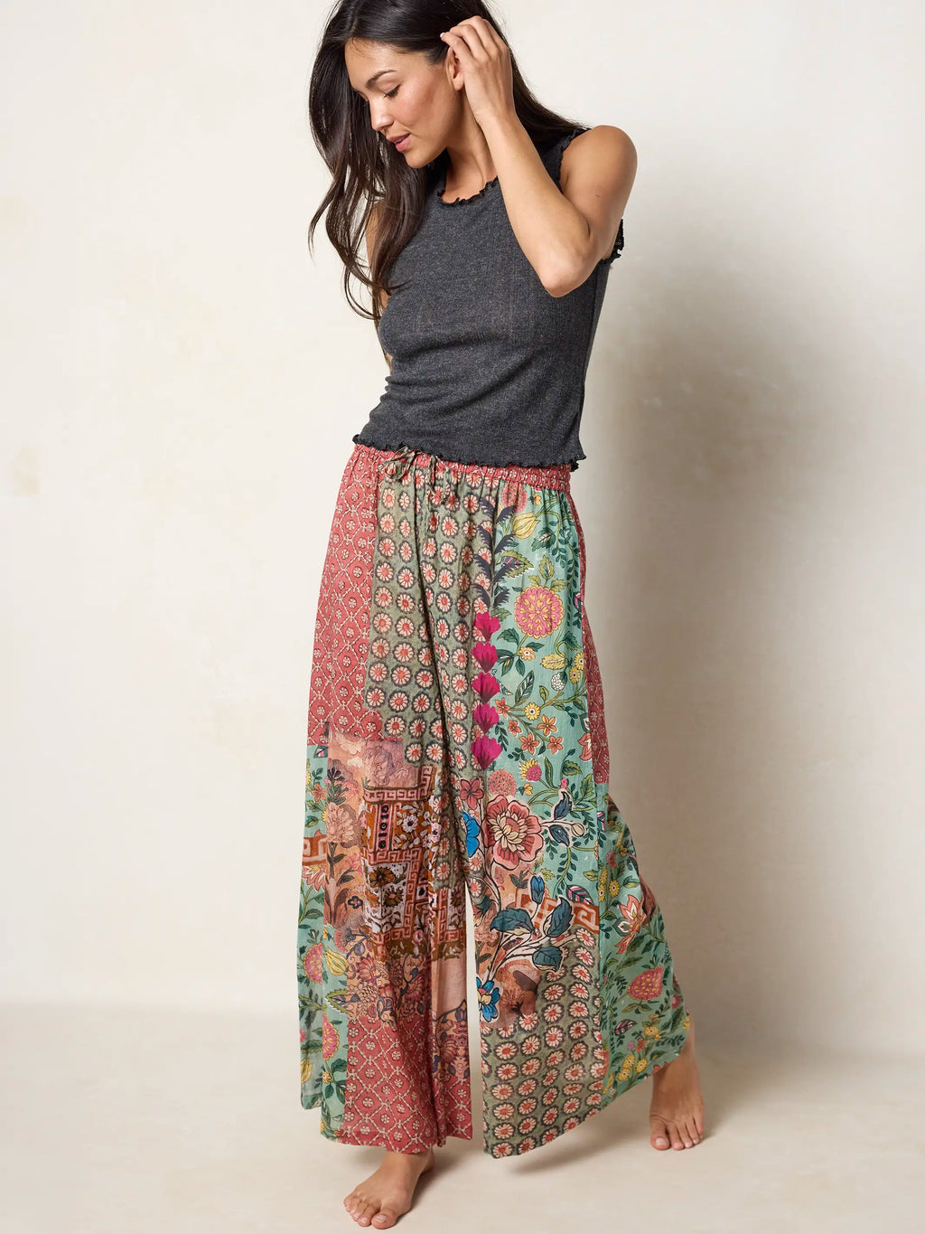 Go With The Flow Cotton Wide Leg Pants - Patchwork Medallion Floral