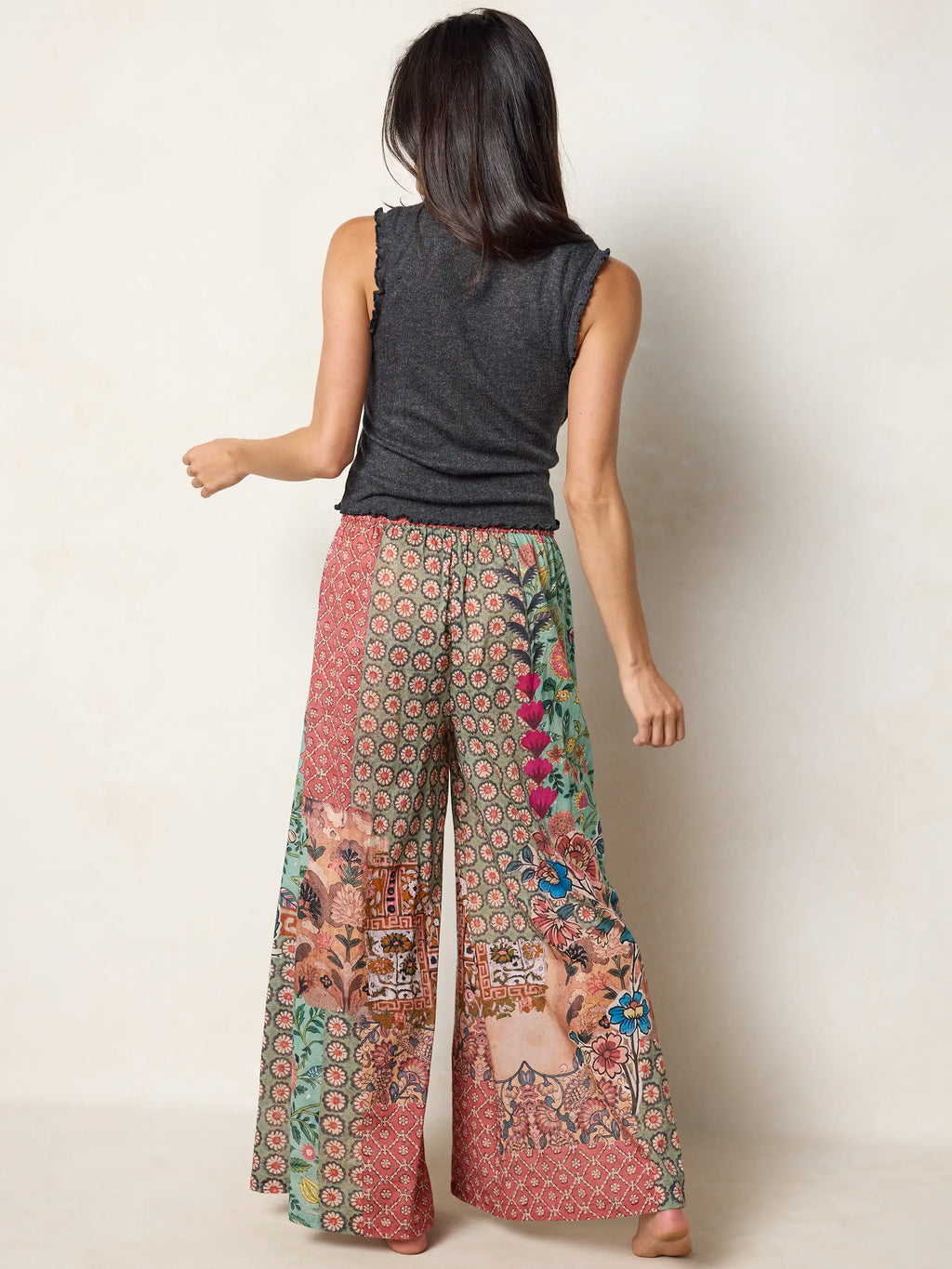 Go With The Flow Cotton Wide Leg Pants - Patchwork Medallion Floral