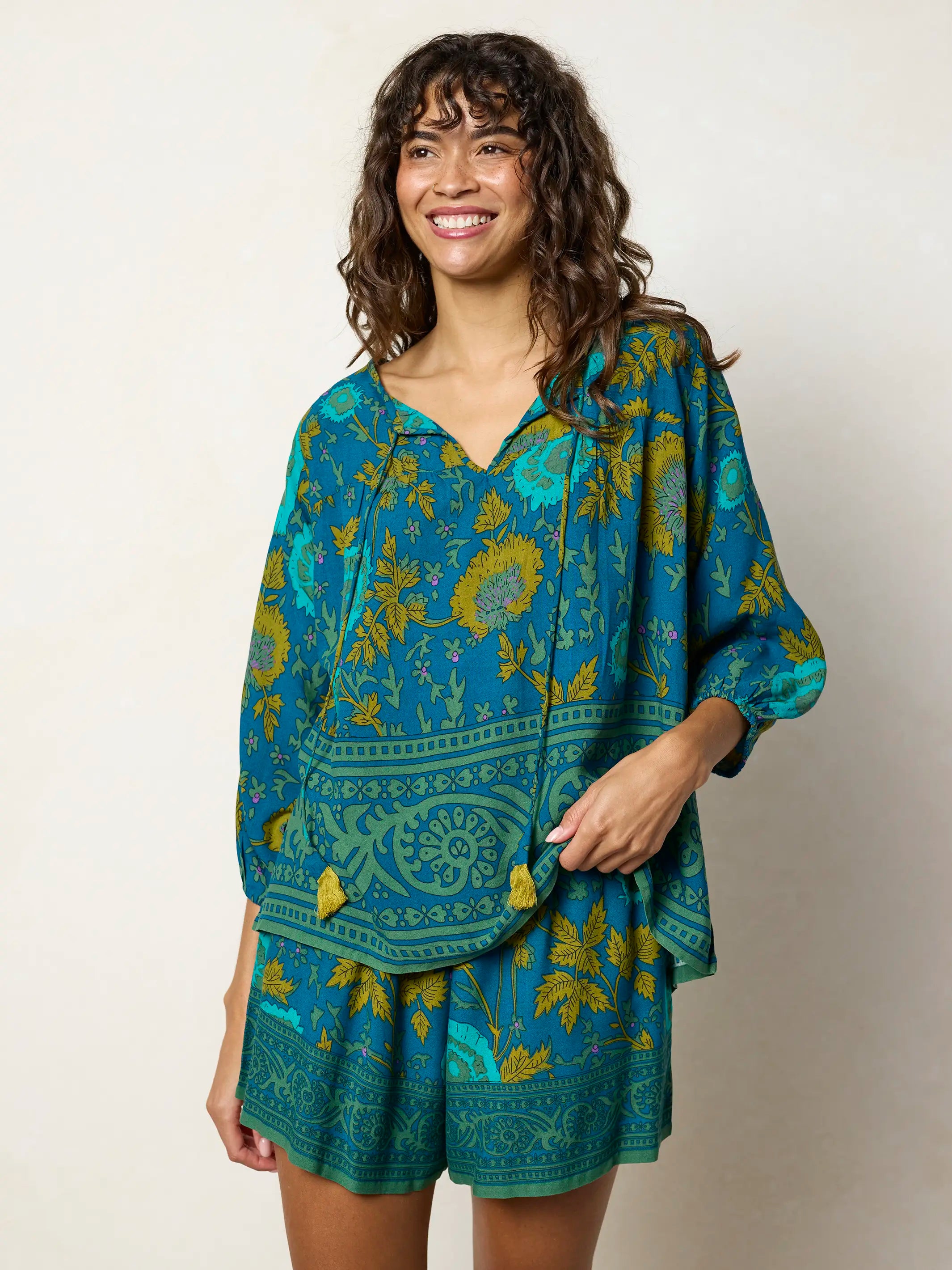 Maribel Top - Teal Sage Border