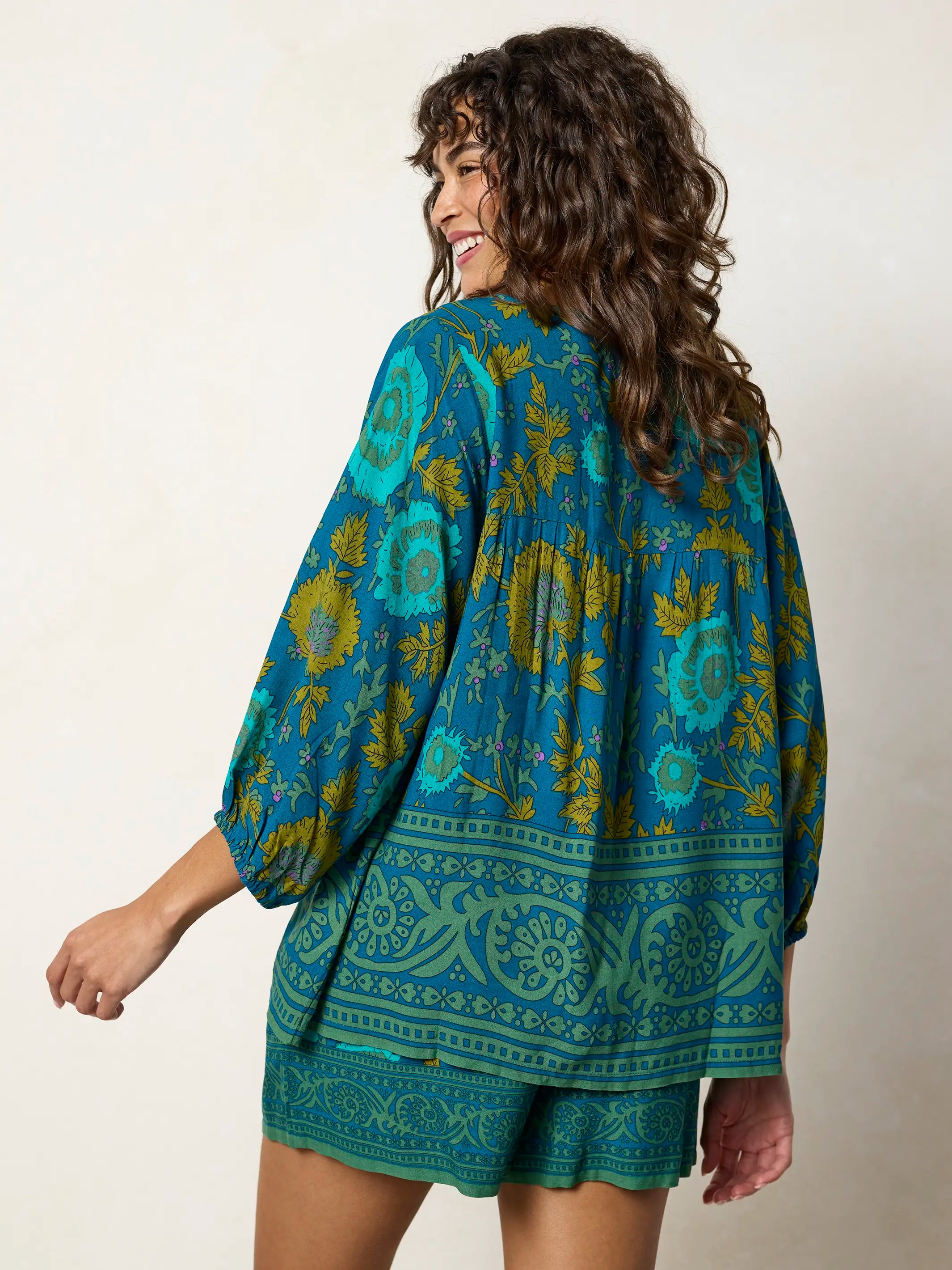 Maribel Top - Teal Sage Border