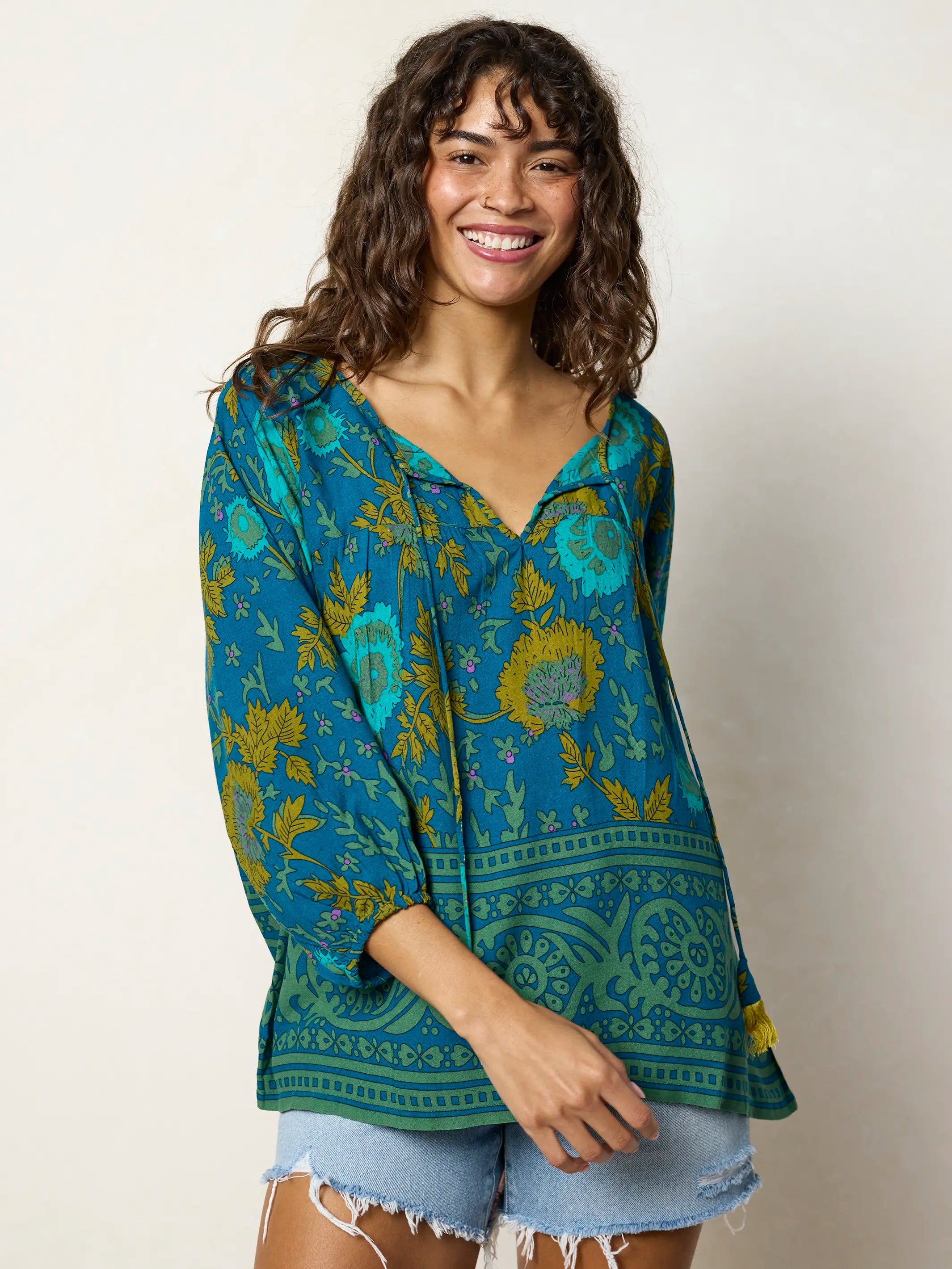 Maribel Top - Teal Sage Border