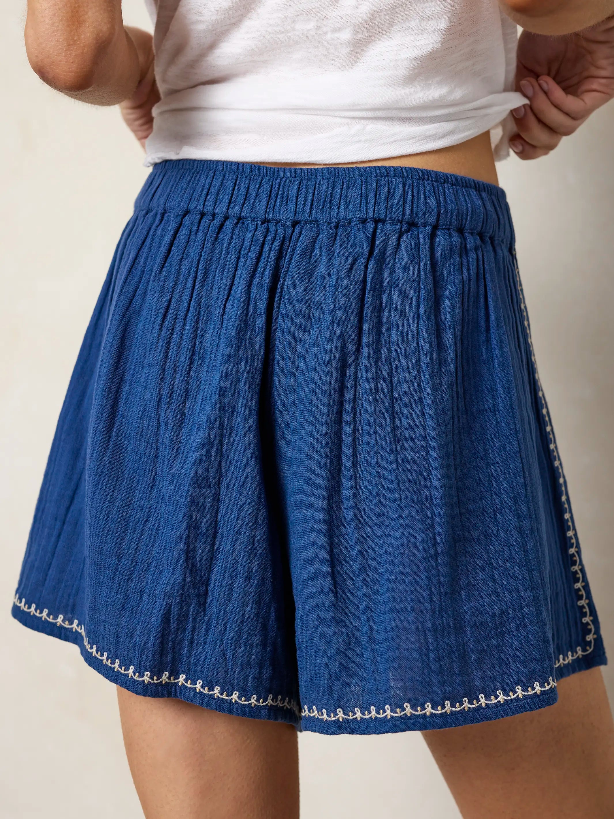 Liza Embroidered Cotton Shorts - Navy