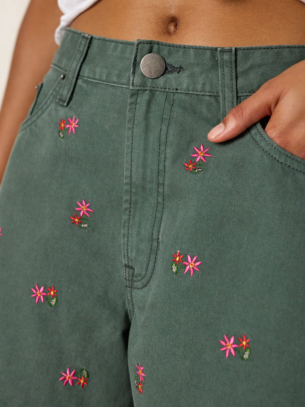 Embroidered Cotton Denim Shorts - Army Green