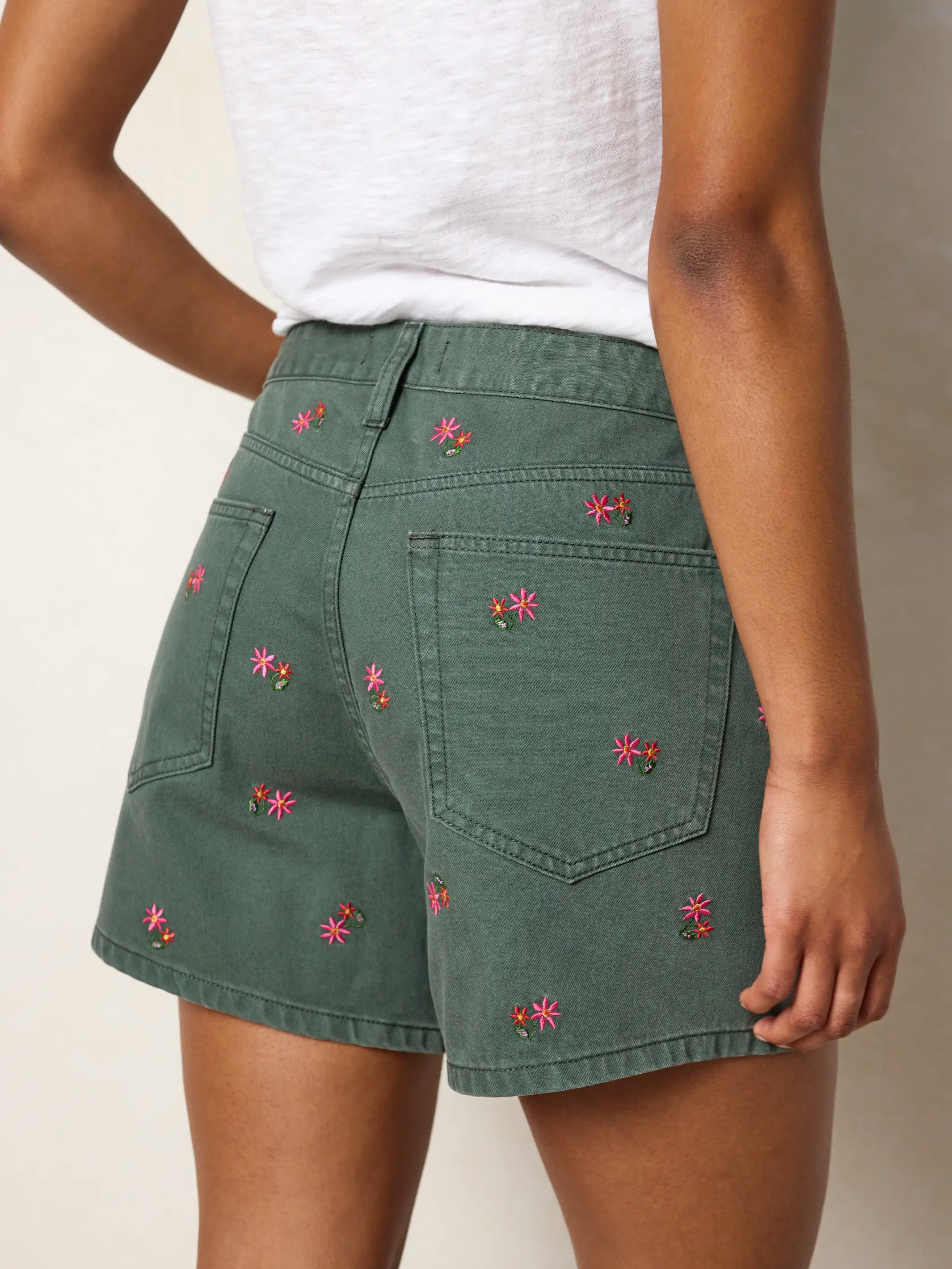 Embroidered Cotton Denim Shorts - Army Green