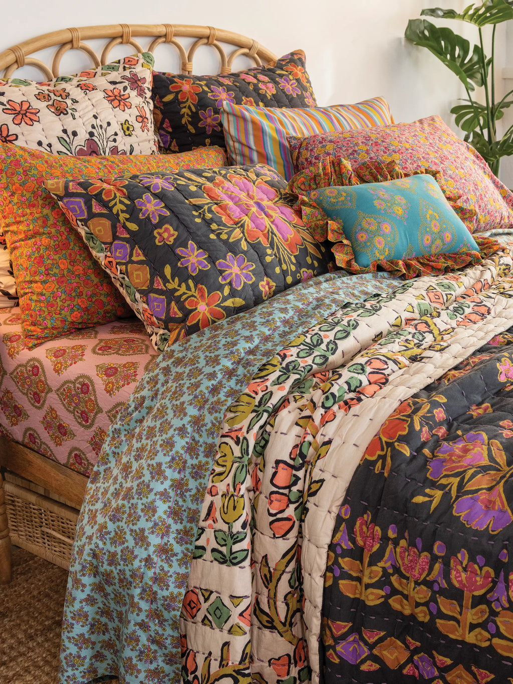 Mix & Match Cotton Flat Sheet - Turquoise Folk Floral