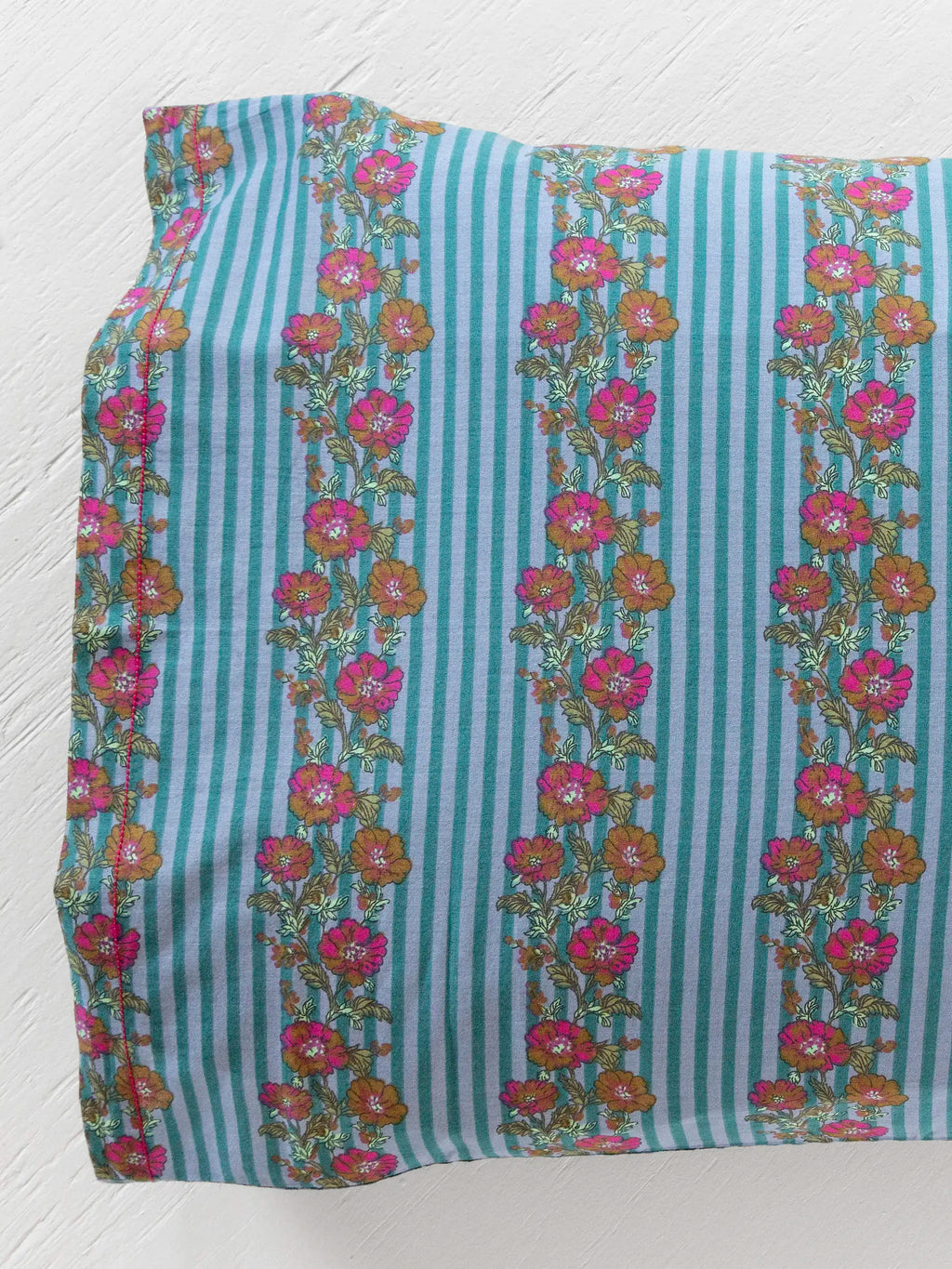 Mix & Match Cotton Pillowcase, Single - Blue Floral Stripe