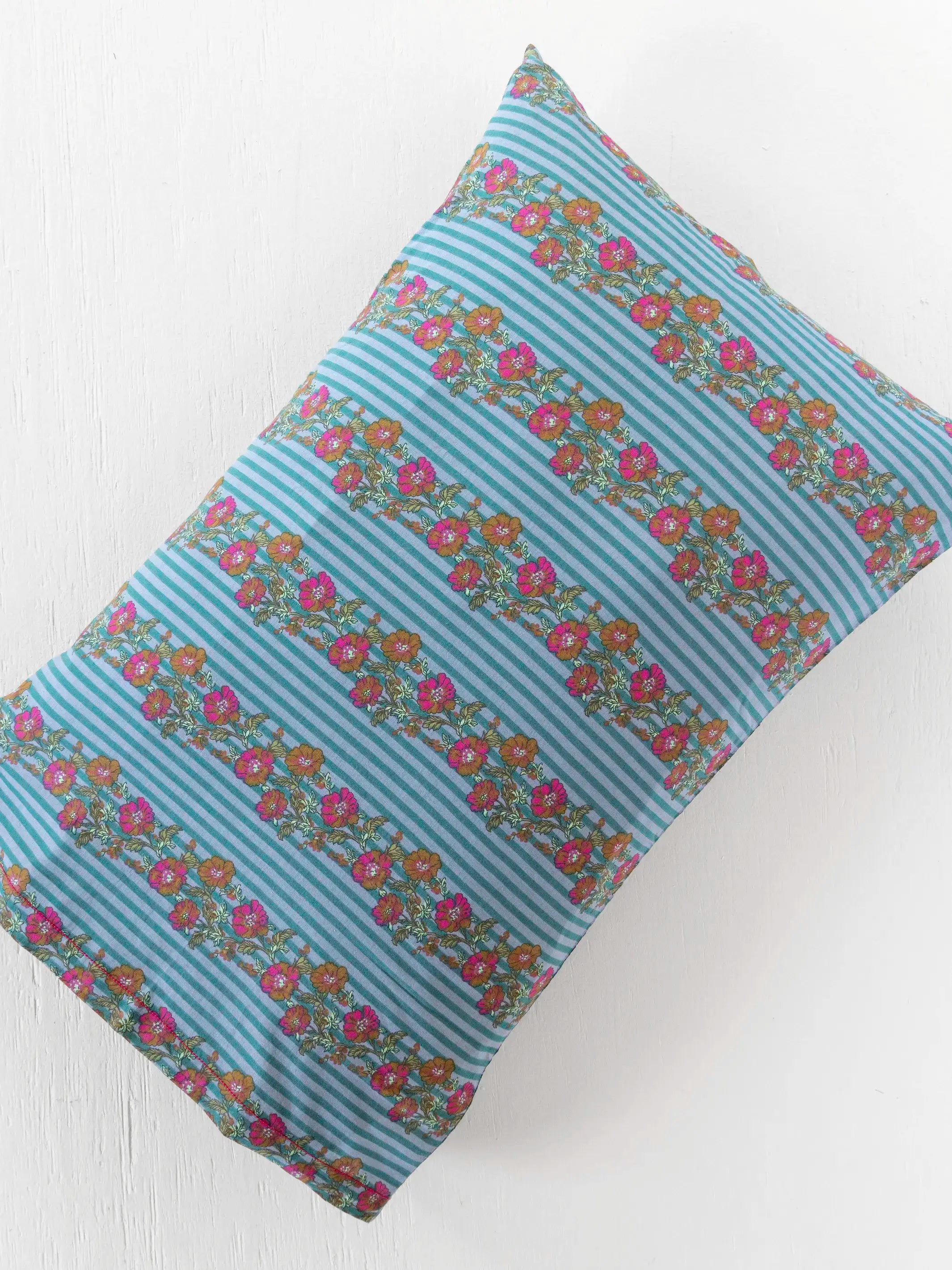 Mix & Match Cotton Pillowcase, Single - Blue Floral Stripe