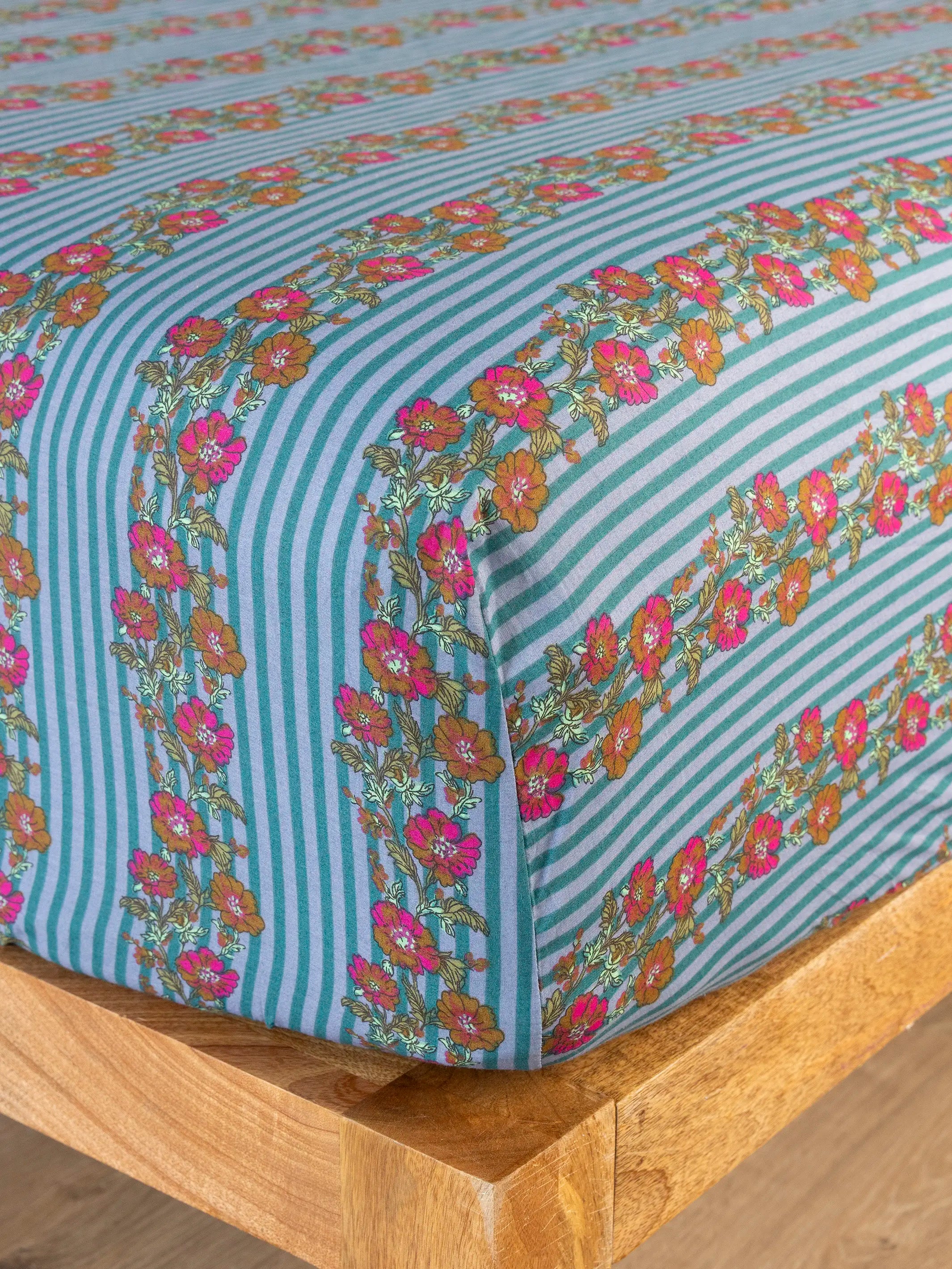 Mix & Match Cotton Fitted Sheet - Blue Floral Stripe