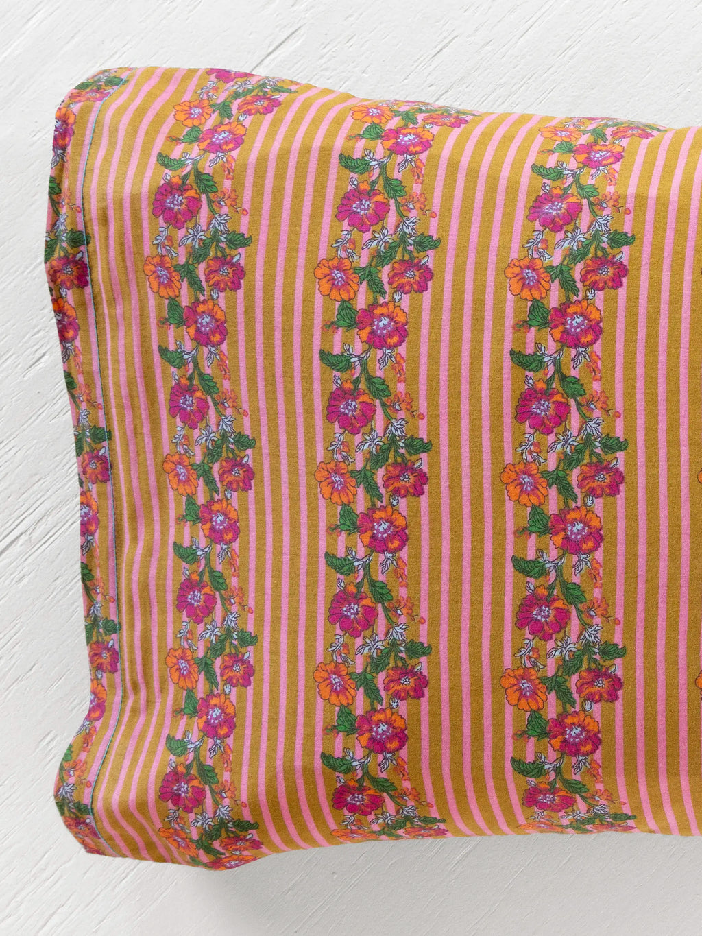 Mix & Match Cotton Pillowcase, Single - Pink Floral Stripe