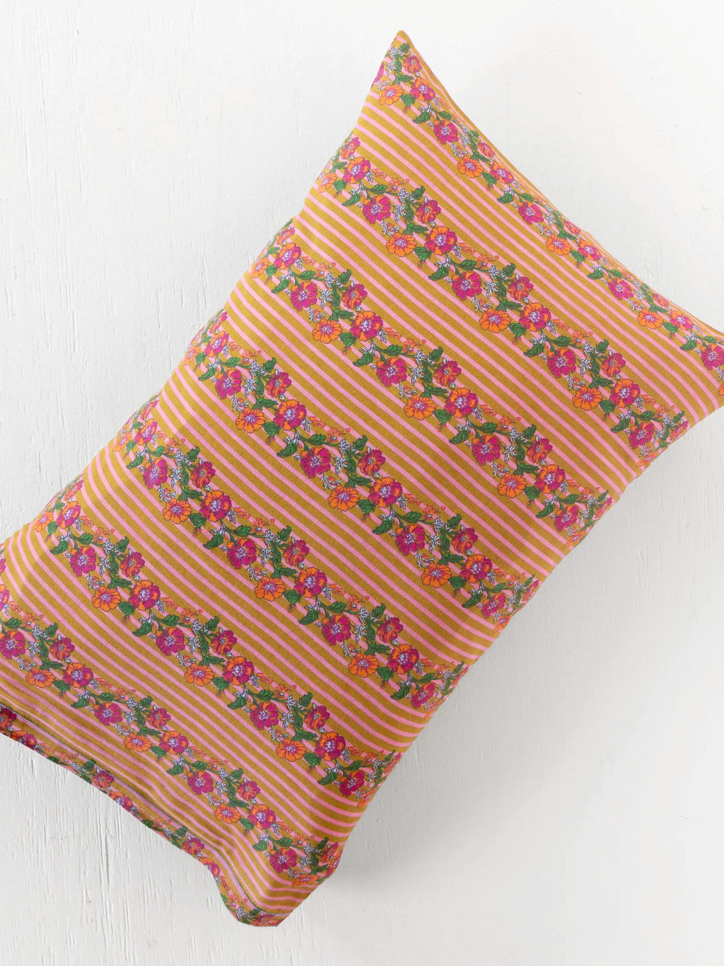 Mix & Match Cotton Pillowcase, Single - Pink Floral Stripe