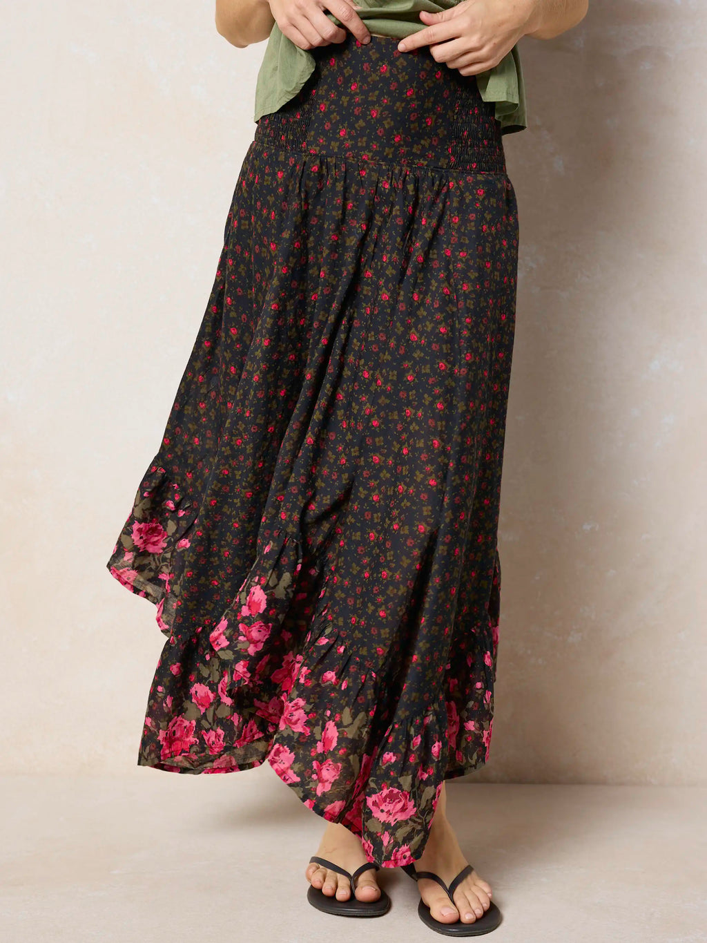 Feelin' Alive Convertible Cotton Midi Skirt - Black Fuchsia Floral