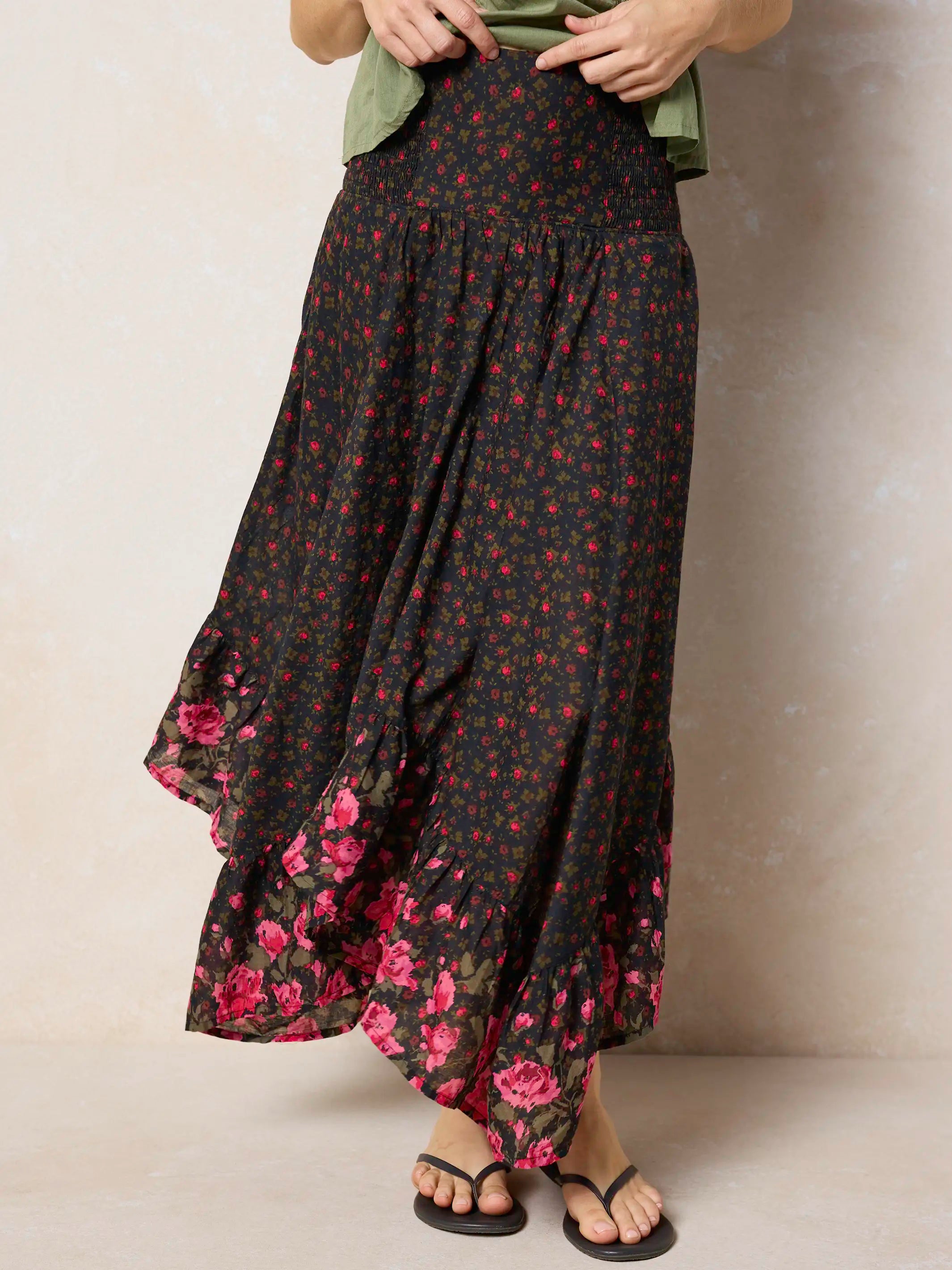 Feelin' Alive Convertible Cotton Midi Skirt - Black Fuchsia Floral