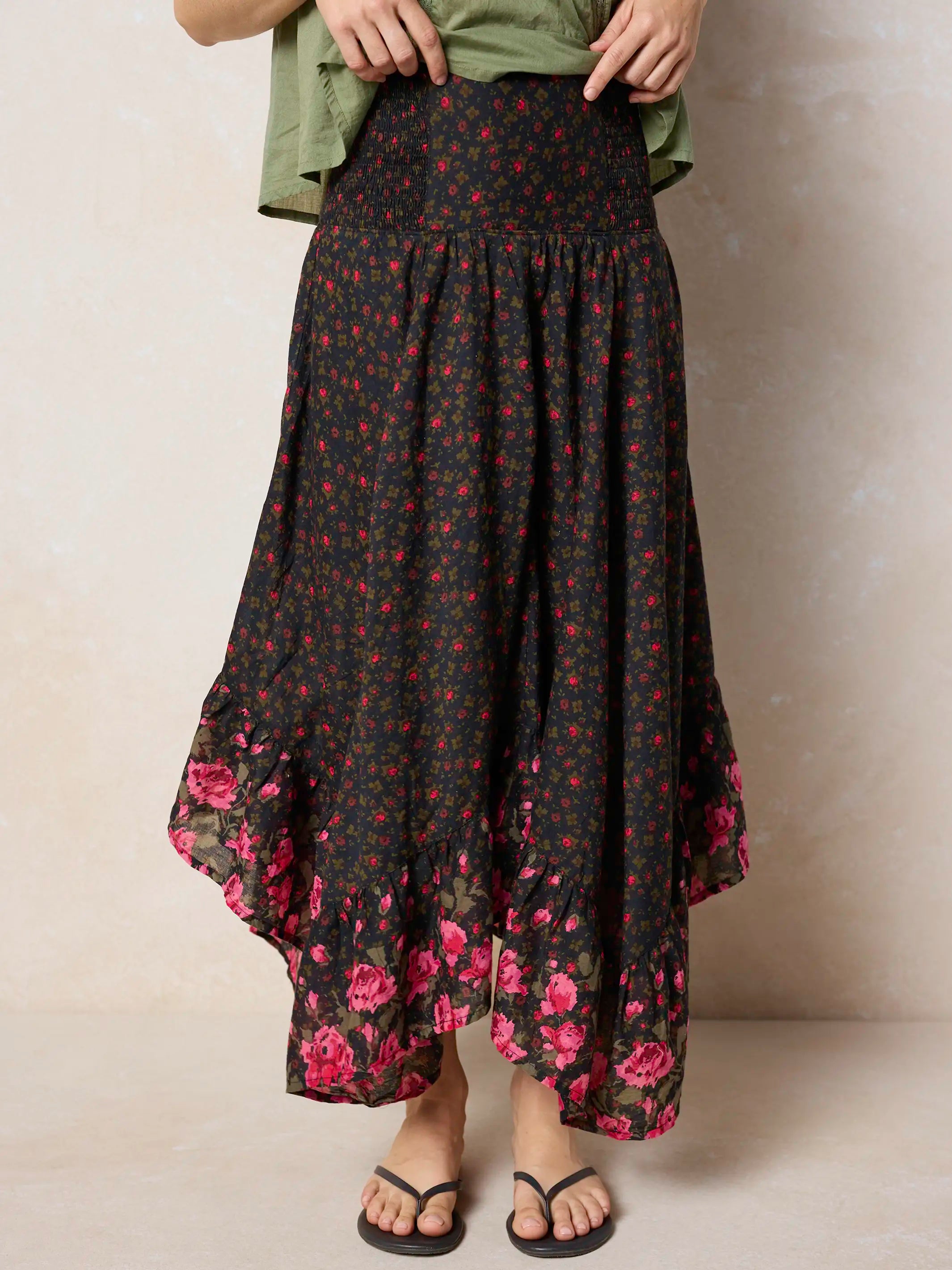 Feelin' Alive Convertible Cotton Midi Skirt - Black Fuchsia Floral