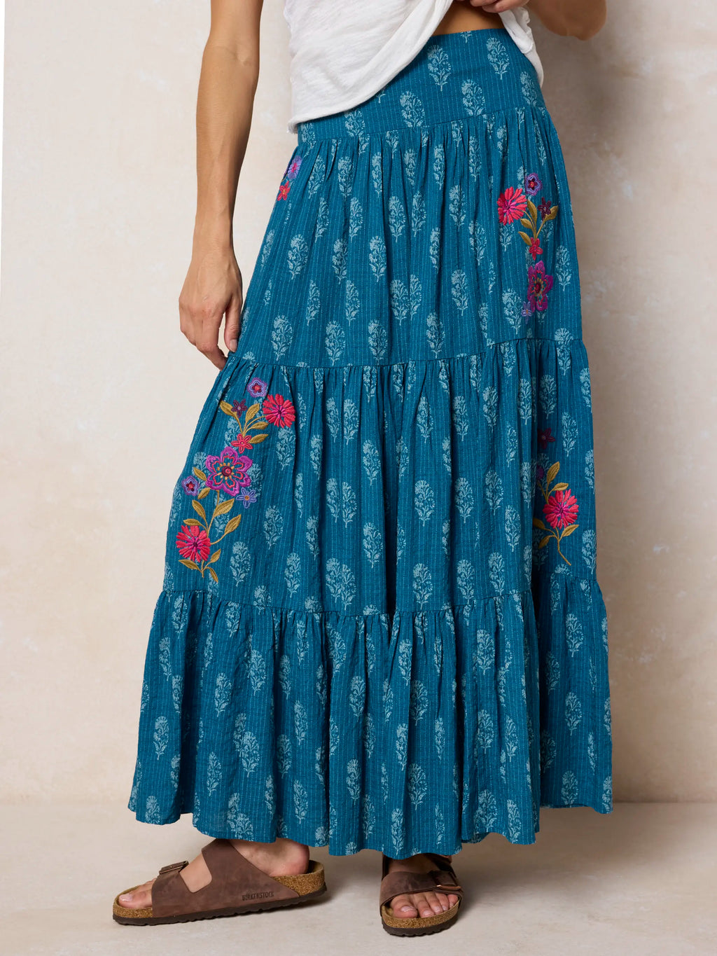 Hanna Embroidered Convertible Maxi Skirt - Block Stamp Indigo