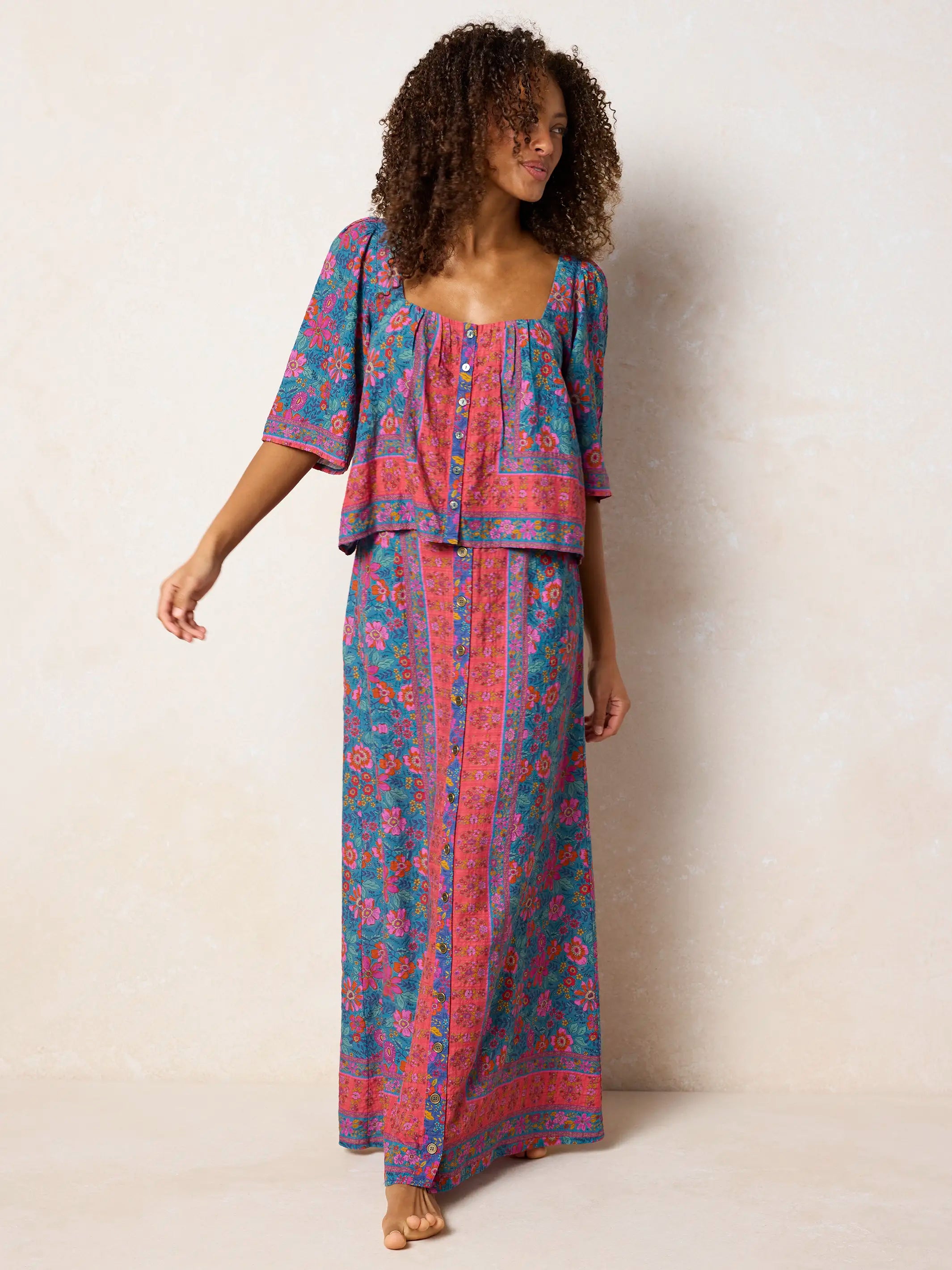 Elaina Maxi Skirt - Teal Boho Border Scarf