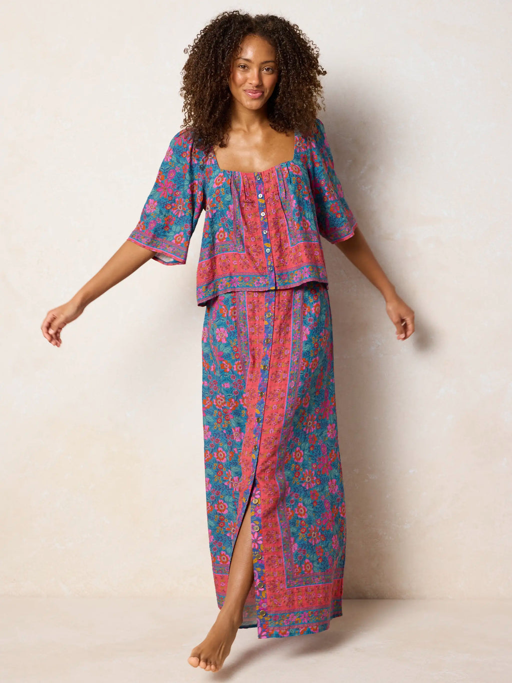 Elaina Maxi Skirt - Teal Boho Border Scarf