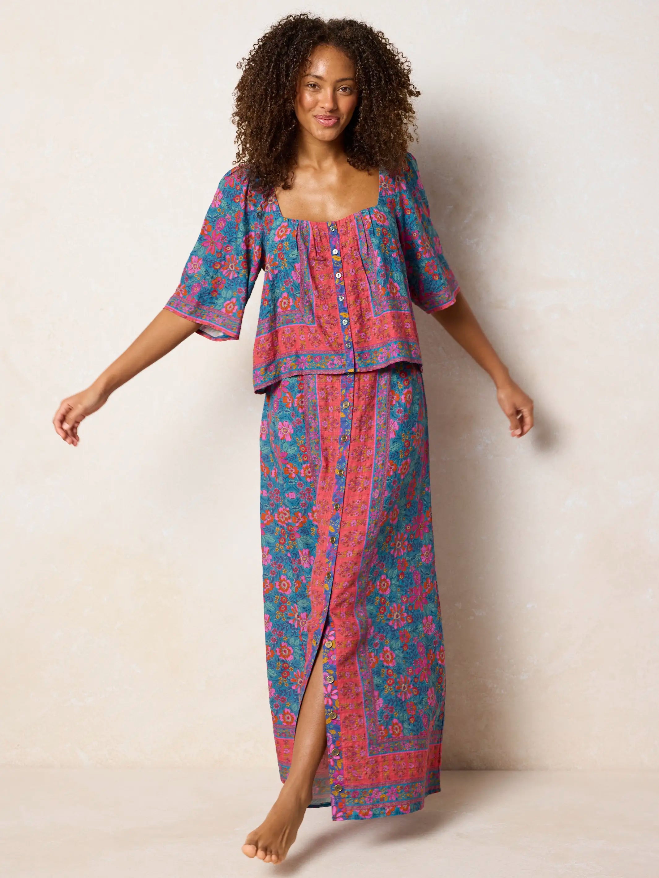 Elaina Maxi Skirt - Teal Boho Border Scarf