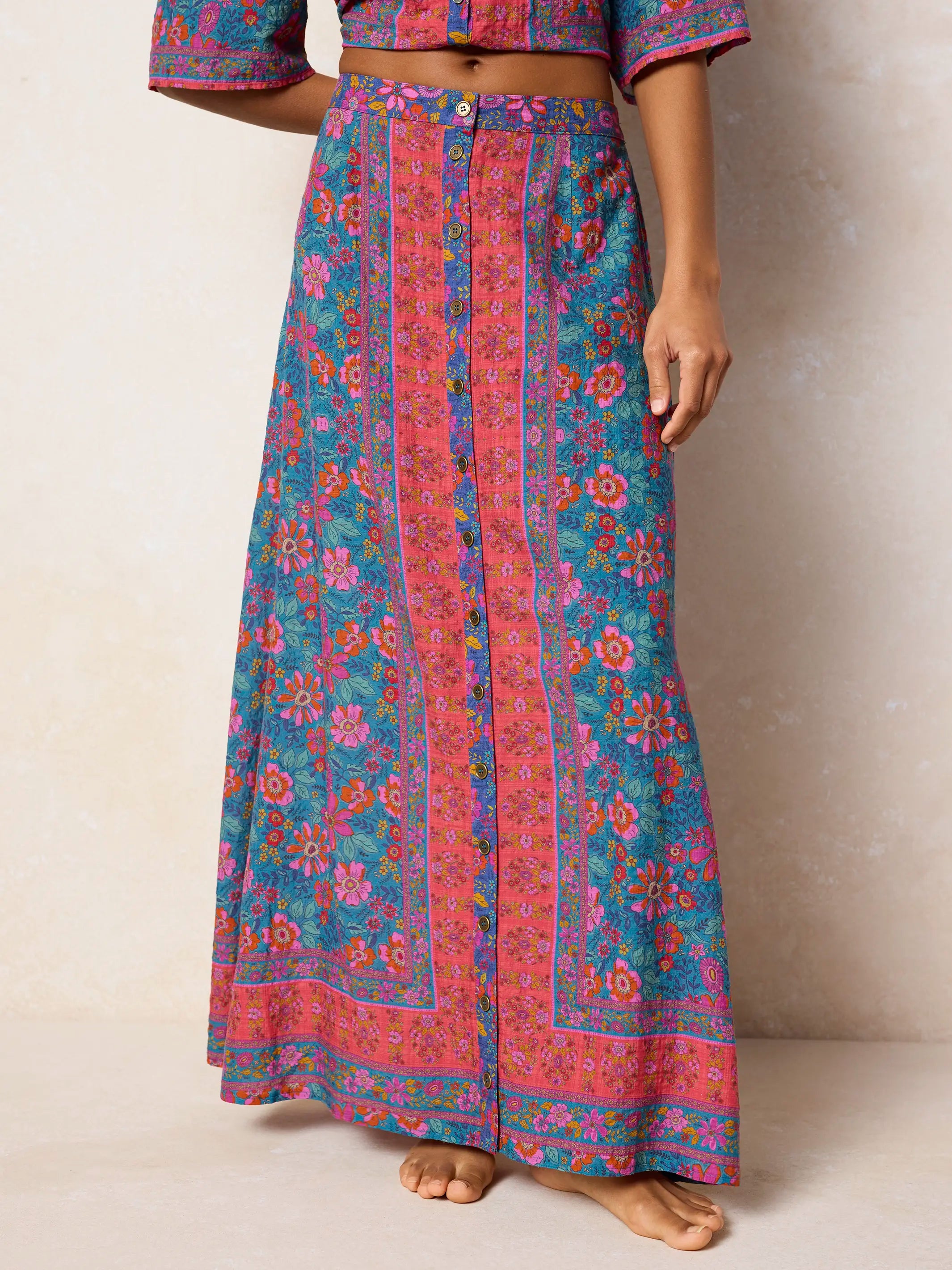Elaina Maxi Skirt - Teal Boho Border Scarf