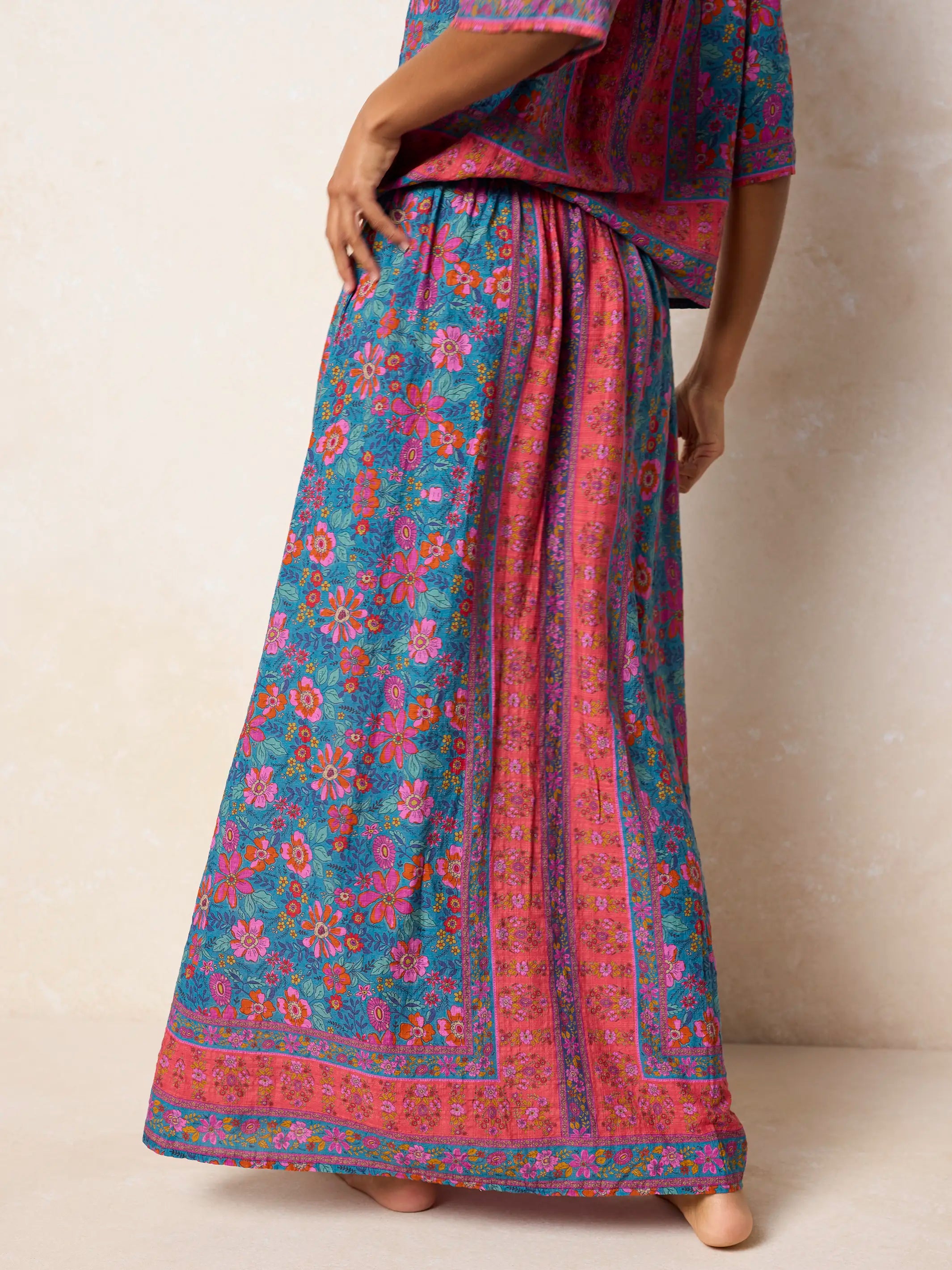 Elaina Maxi Skirt - Teal Boho Border Scarf