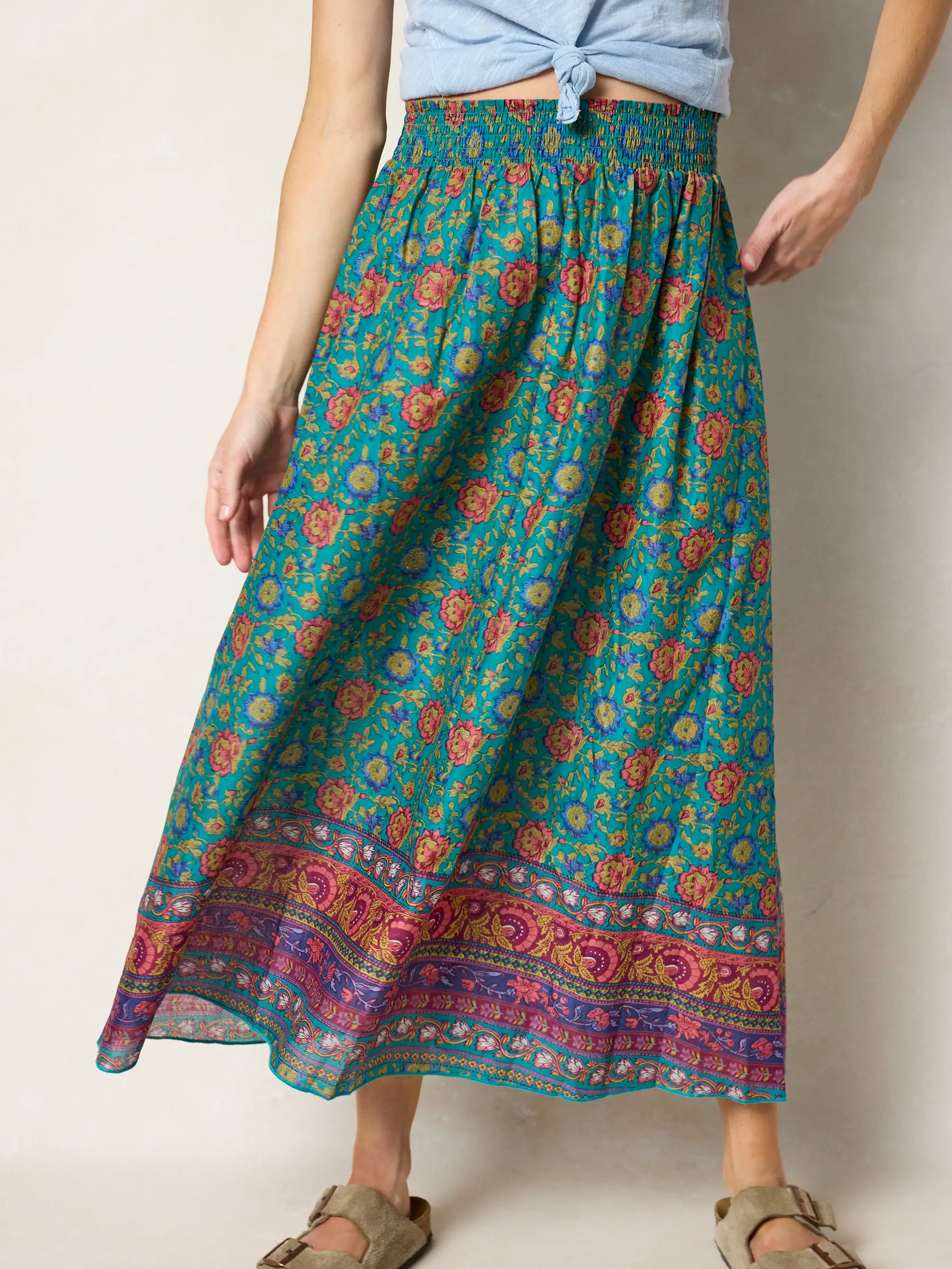 Cotton Skirt-In-A-Bag - Peony Border Teal
