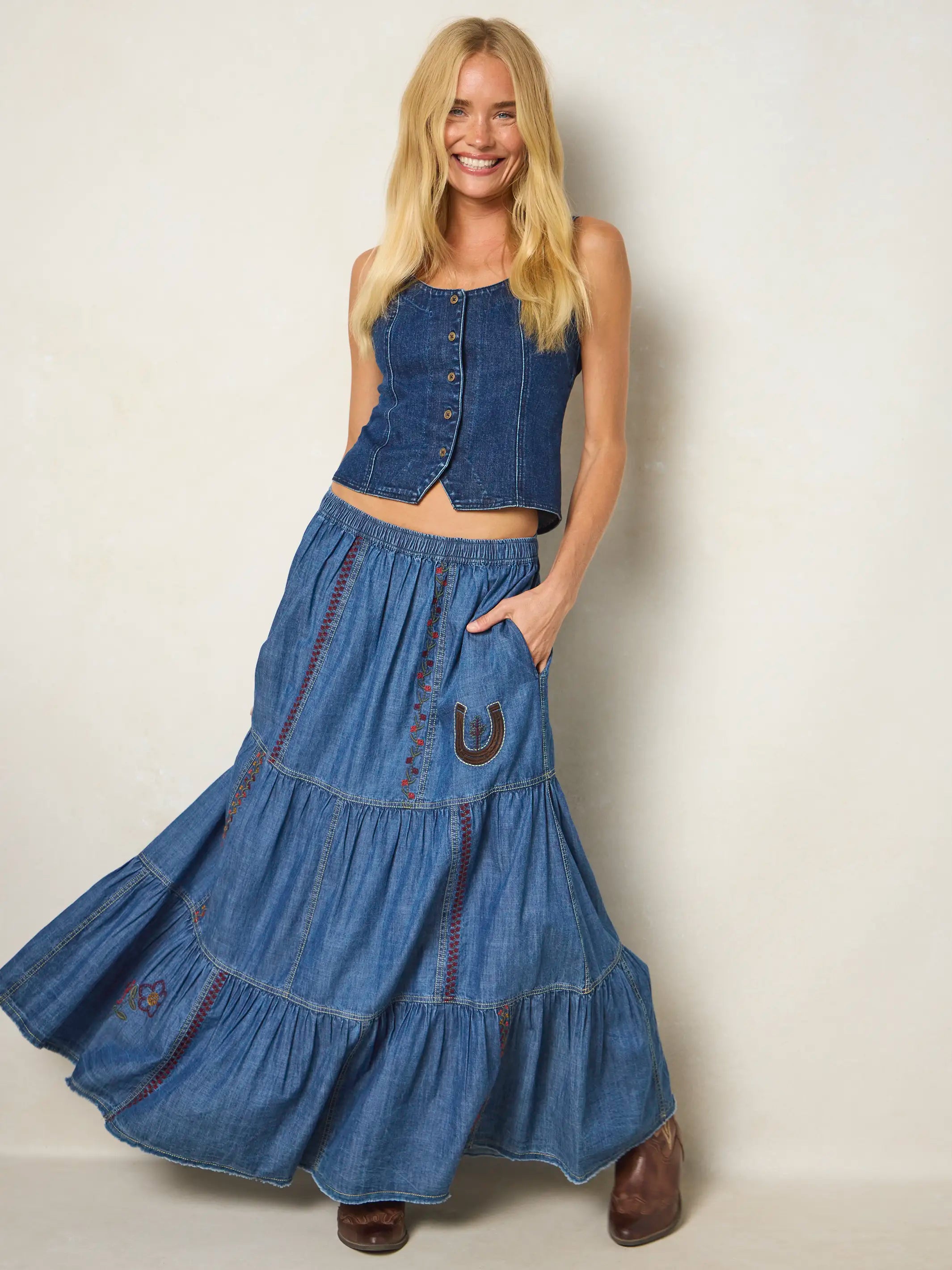 Abilene Embroidered Cotton Maxi Skirt - Denim