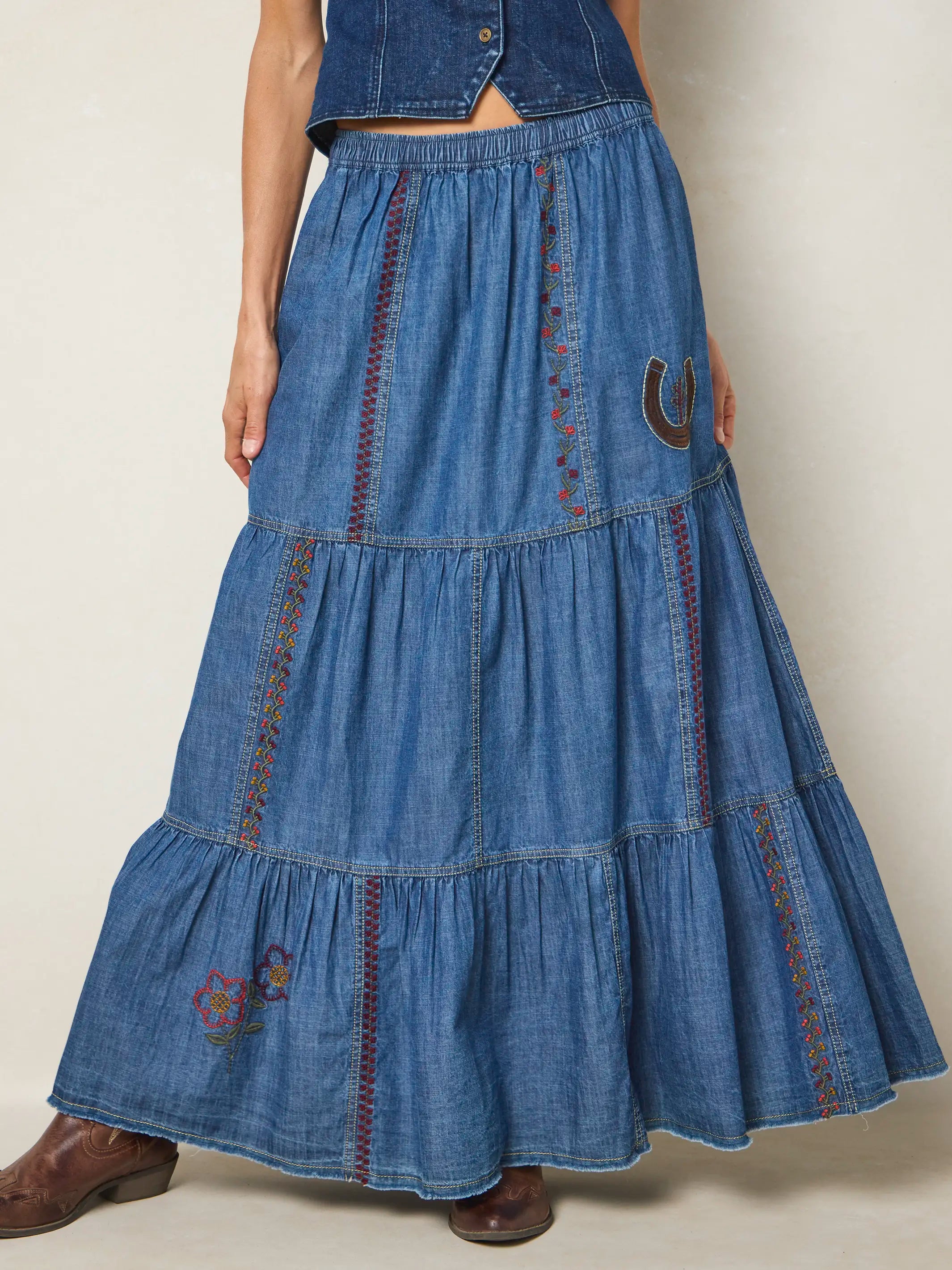 Abilene Embroidered Cotton Maxi Skirt - Denim