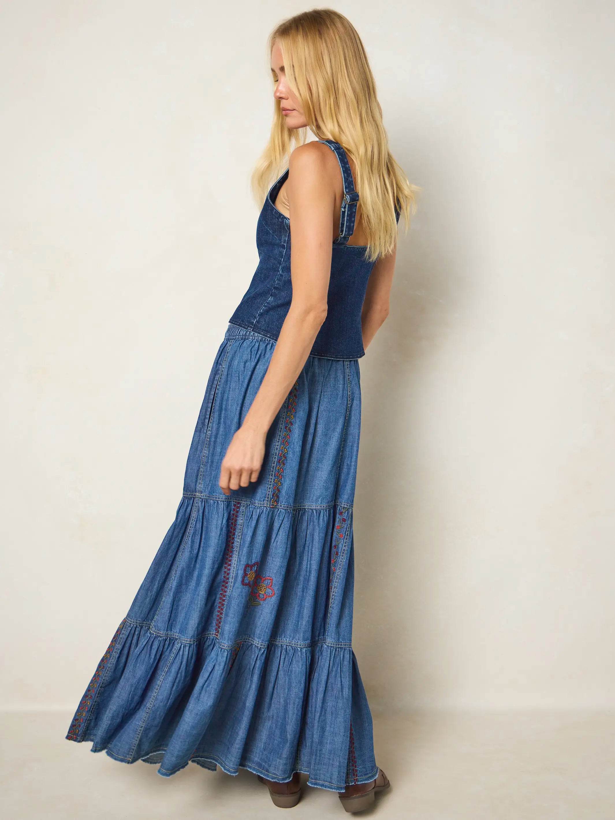 Abilene Embroidered Cotton Maxi Skirt - Denim