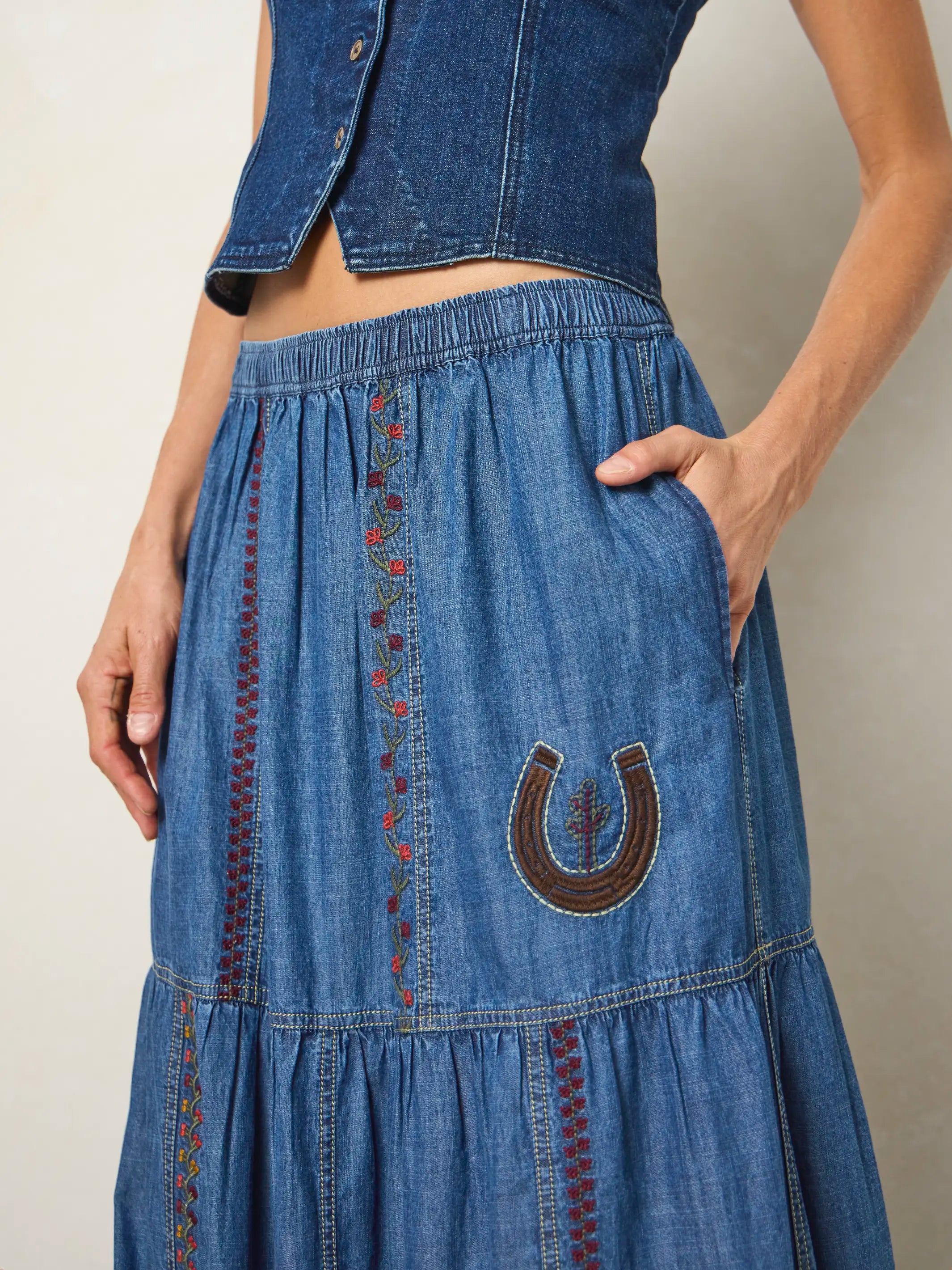 Abilene Embroidered Cotton Maxi Skirt - Denim