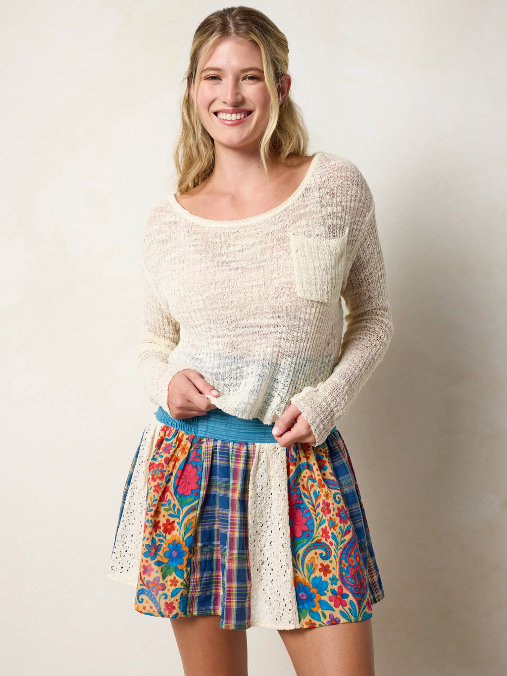Malia Patchwork Mini Skirt - Plaid Blue Fuchsia