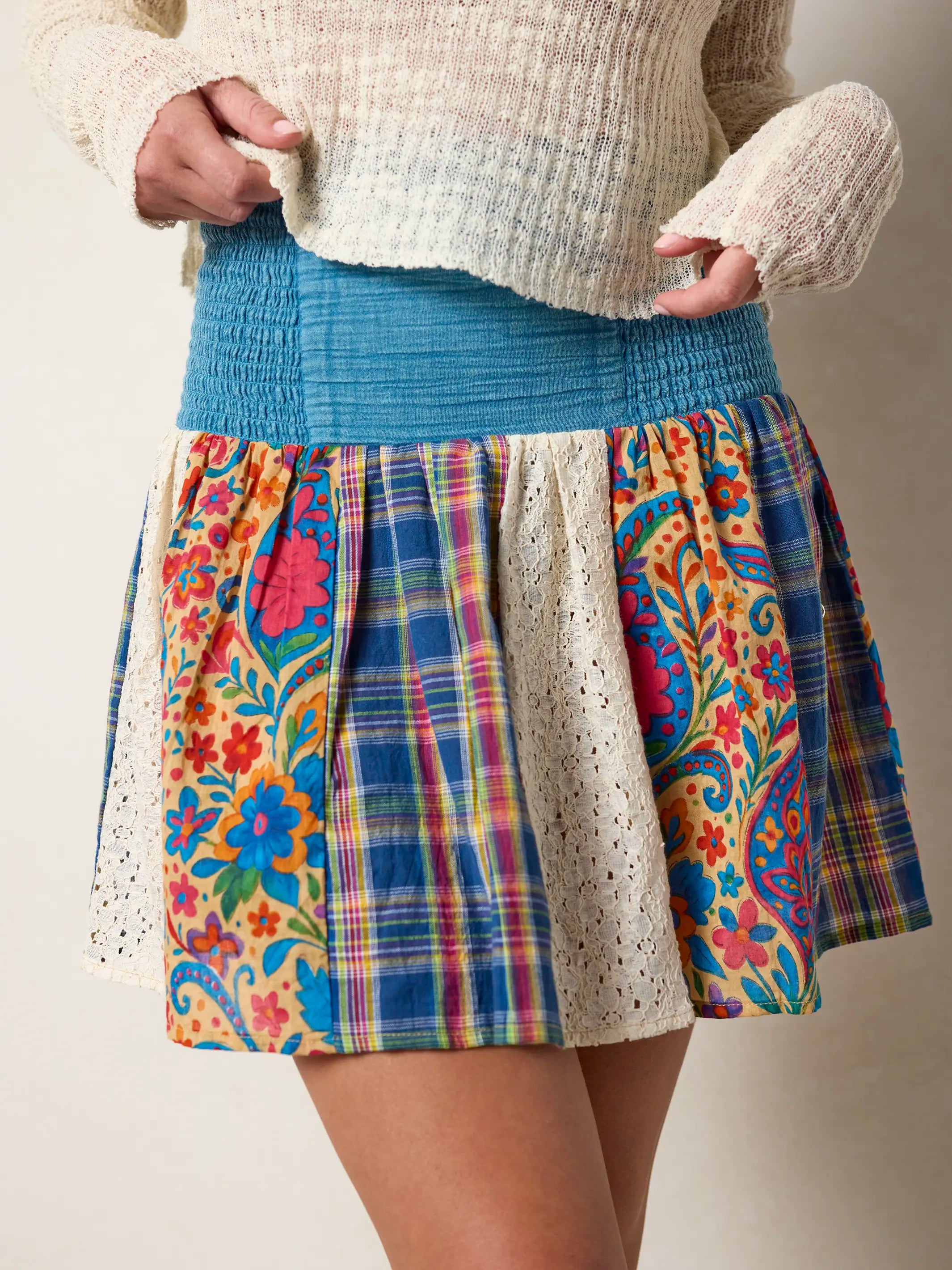 Malia Patchwork Mini Skirt - Plaid Blue Fuchsia