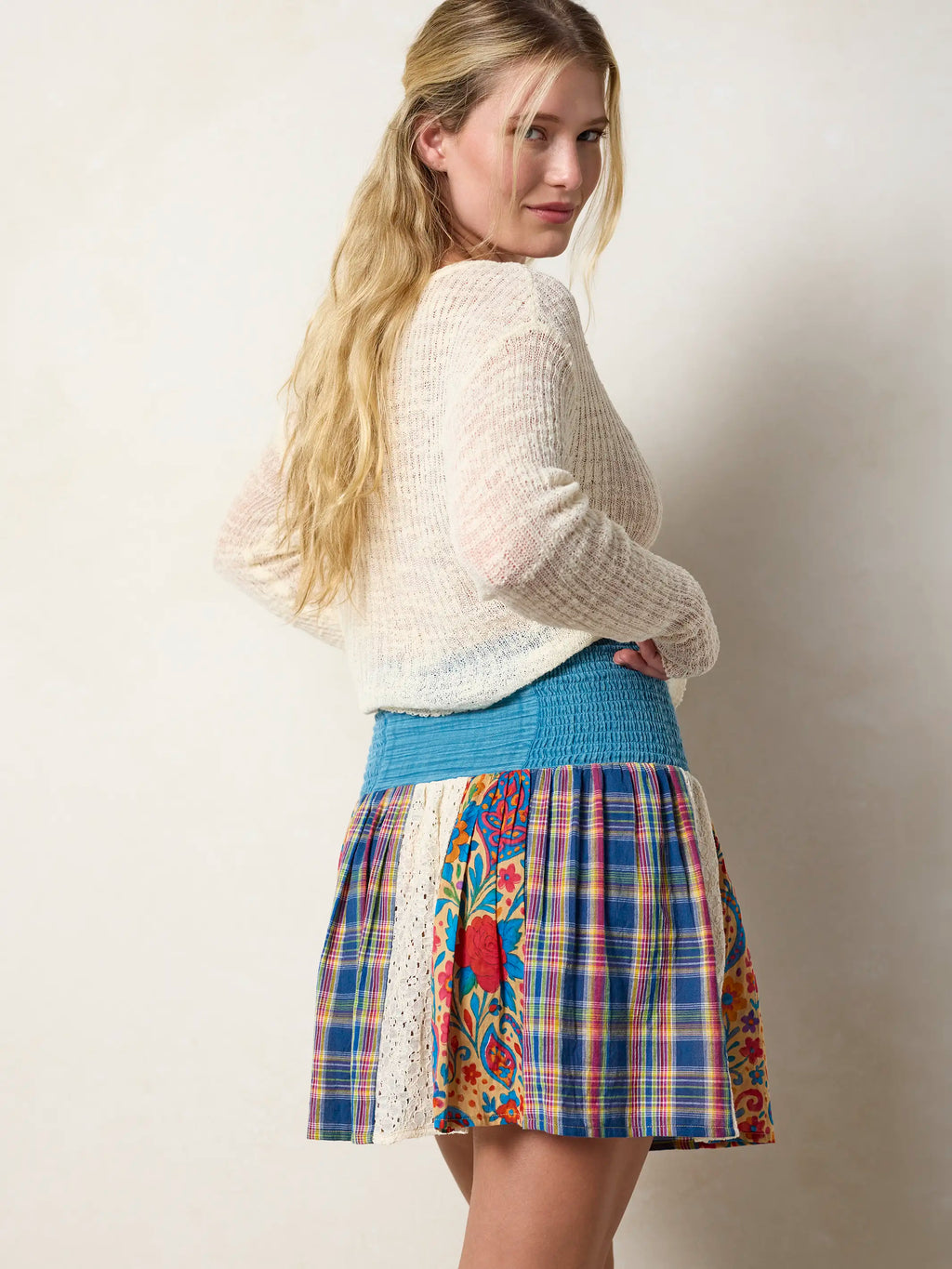 Malia Patchwork Mini Skirt - Plaid Blue Fuchsia