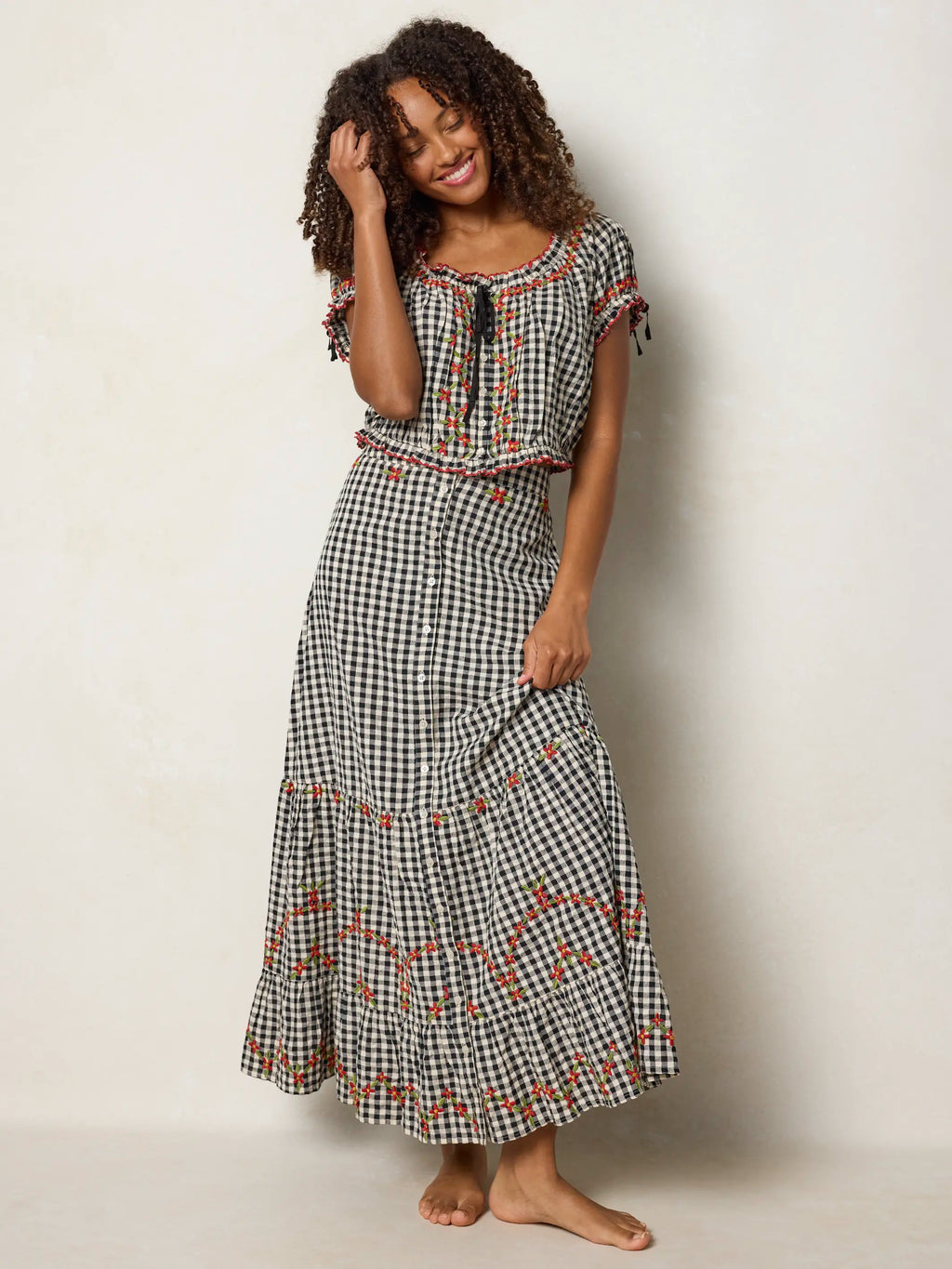 Free Fallin' Embroidered Cotton Maxi Skirt - Black Gingham