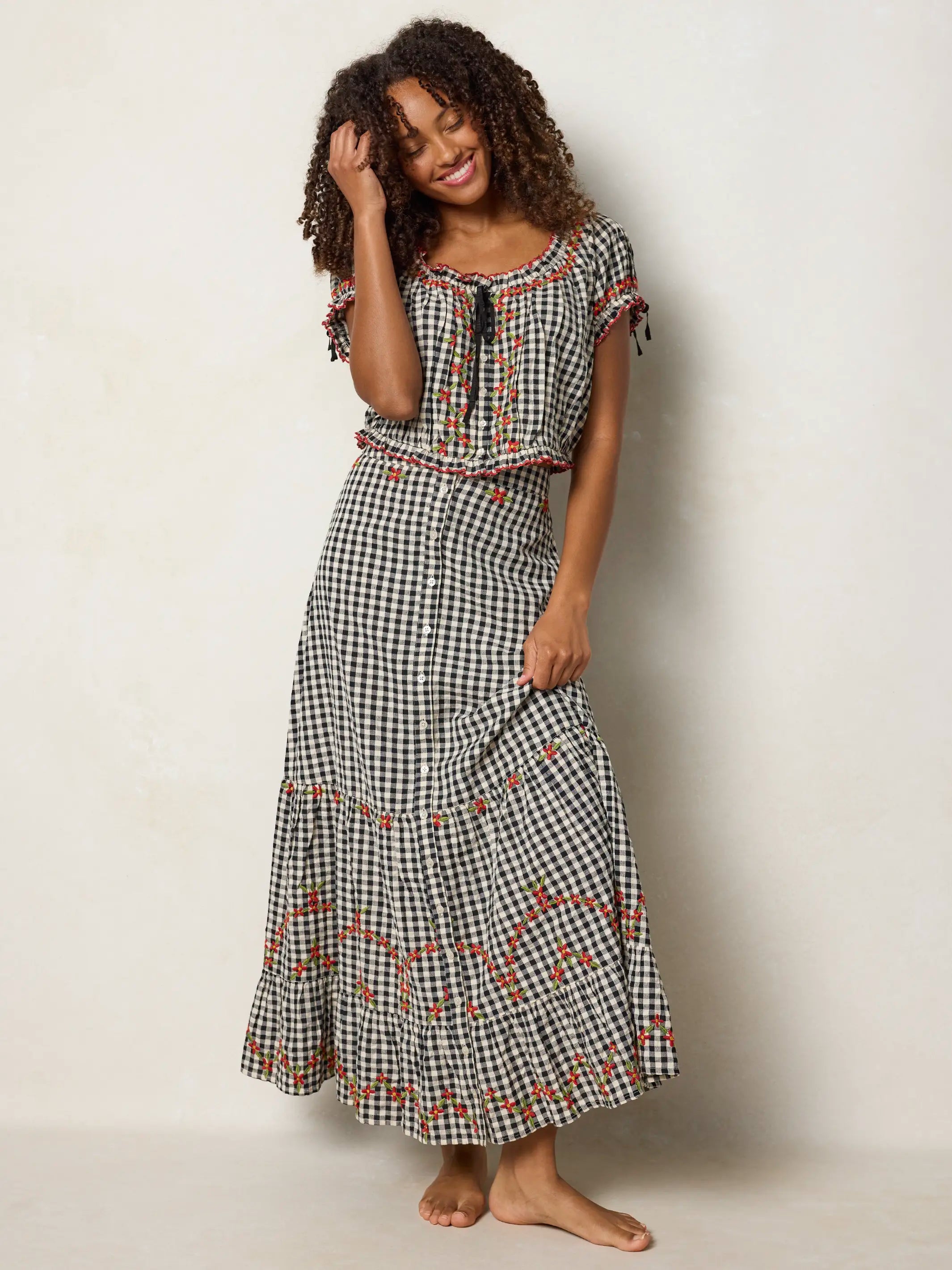 Free Fallin' Embroidered Cotton Maxi Skirt - Black Gingham