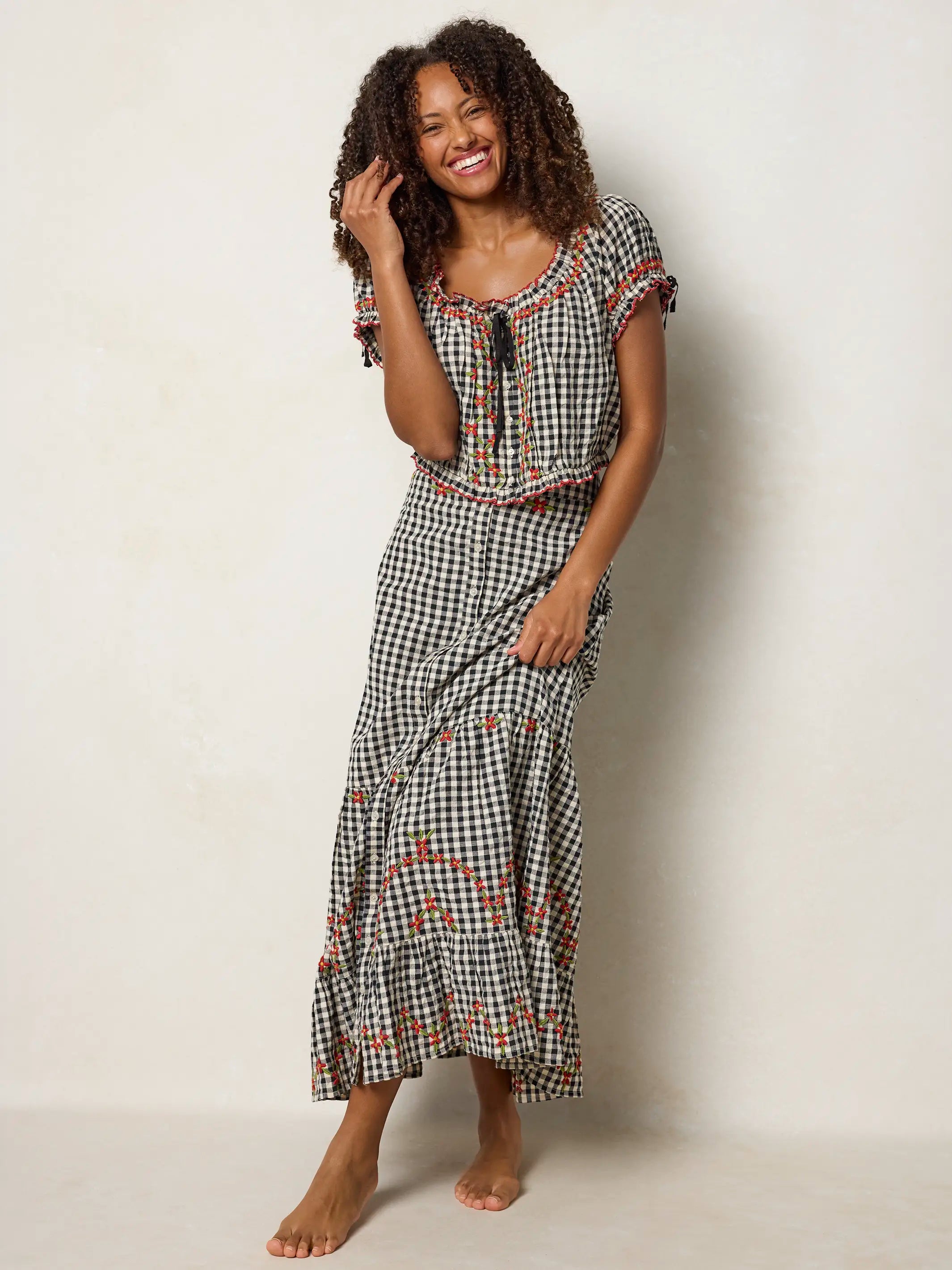 Free Fallin' Embroidered Cotton Maxi Skirt - Black Gingham