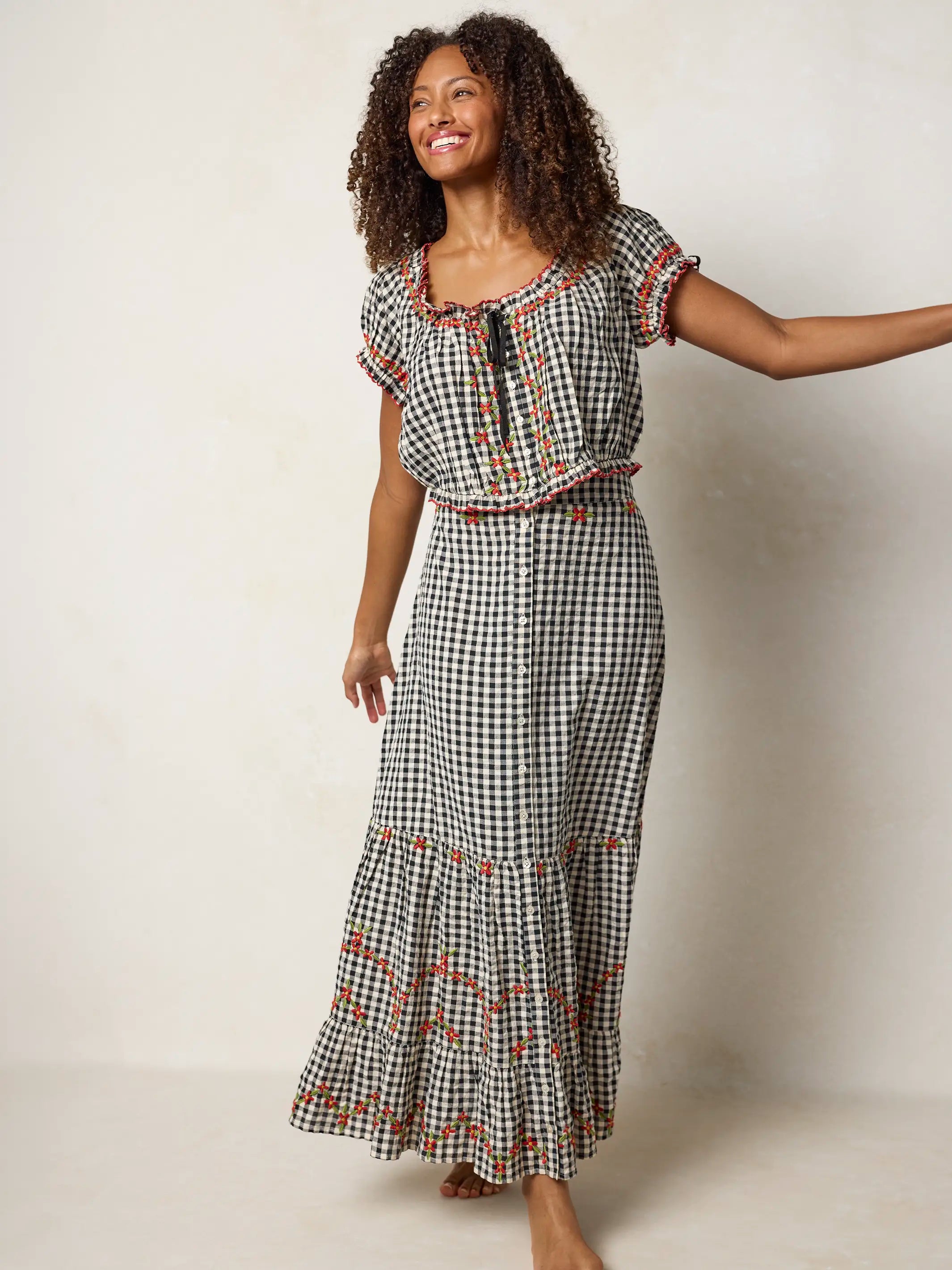 Free Fallin' Embroidered Cotton Maxi Skirt - Black Gingham