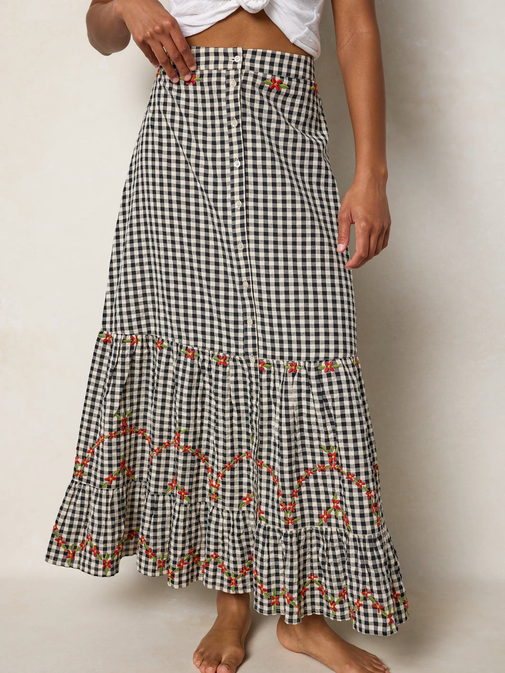 Free Fallin' Embroidered Cotton Maxi Skirt - Black Gingham