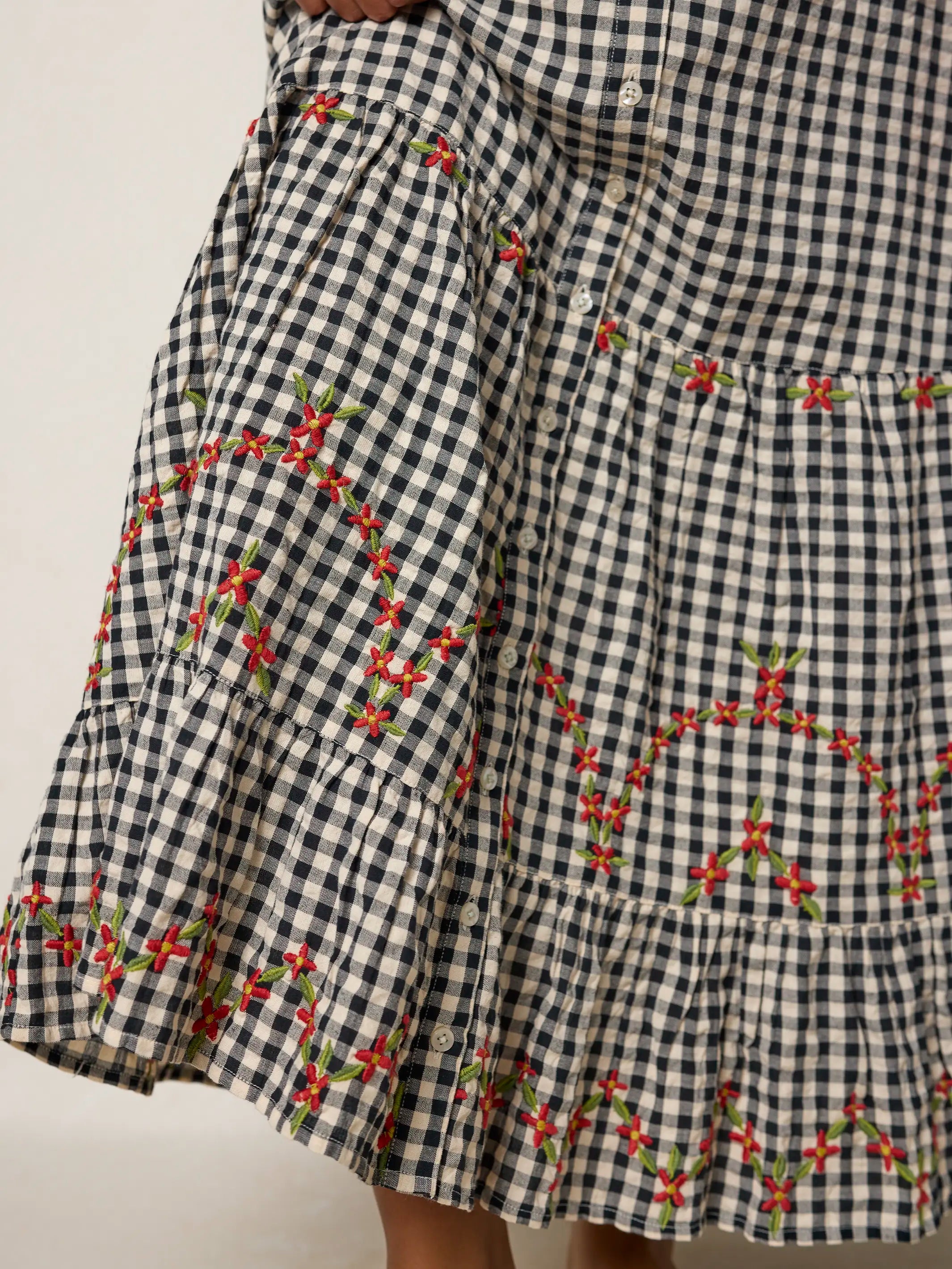 Free Fallin' Embroidered Cotton Maxi Skirt - Black Gingham
