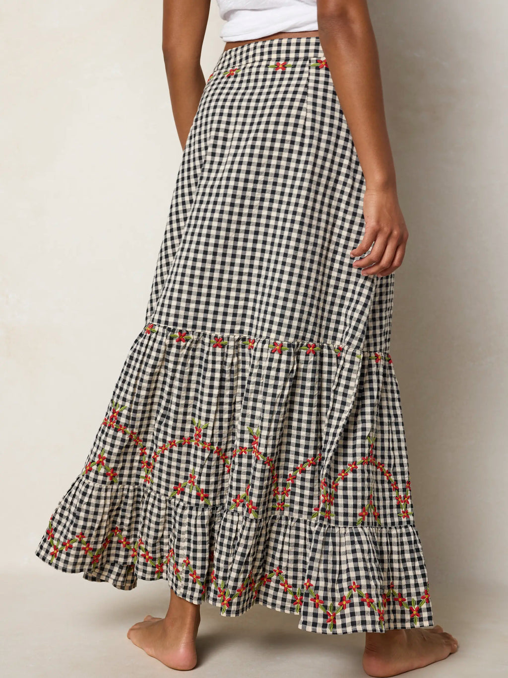 Free Fallin' Embroidered Cotton Maxi Skirt - Black Gingham